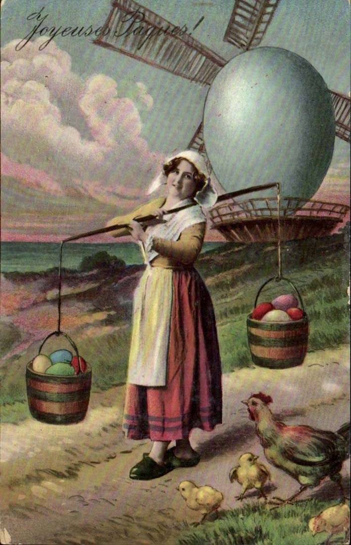 CPA Fantaisie Joyeuses Paques Poules Moulin Mill