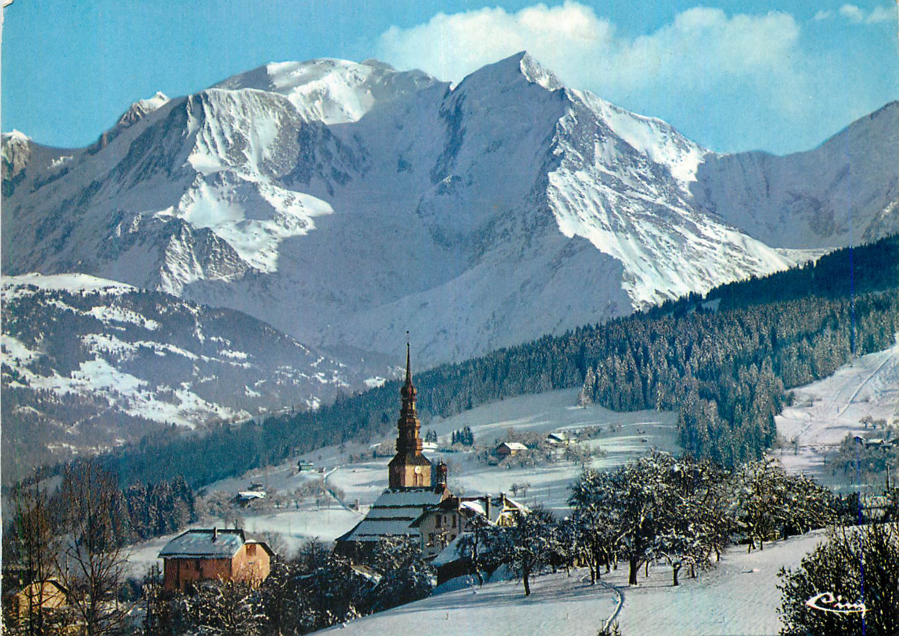 Mont Blanc — vue hivernale avec église — éditeur Cline, n° de série non visible