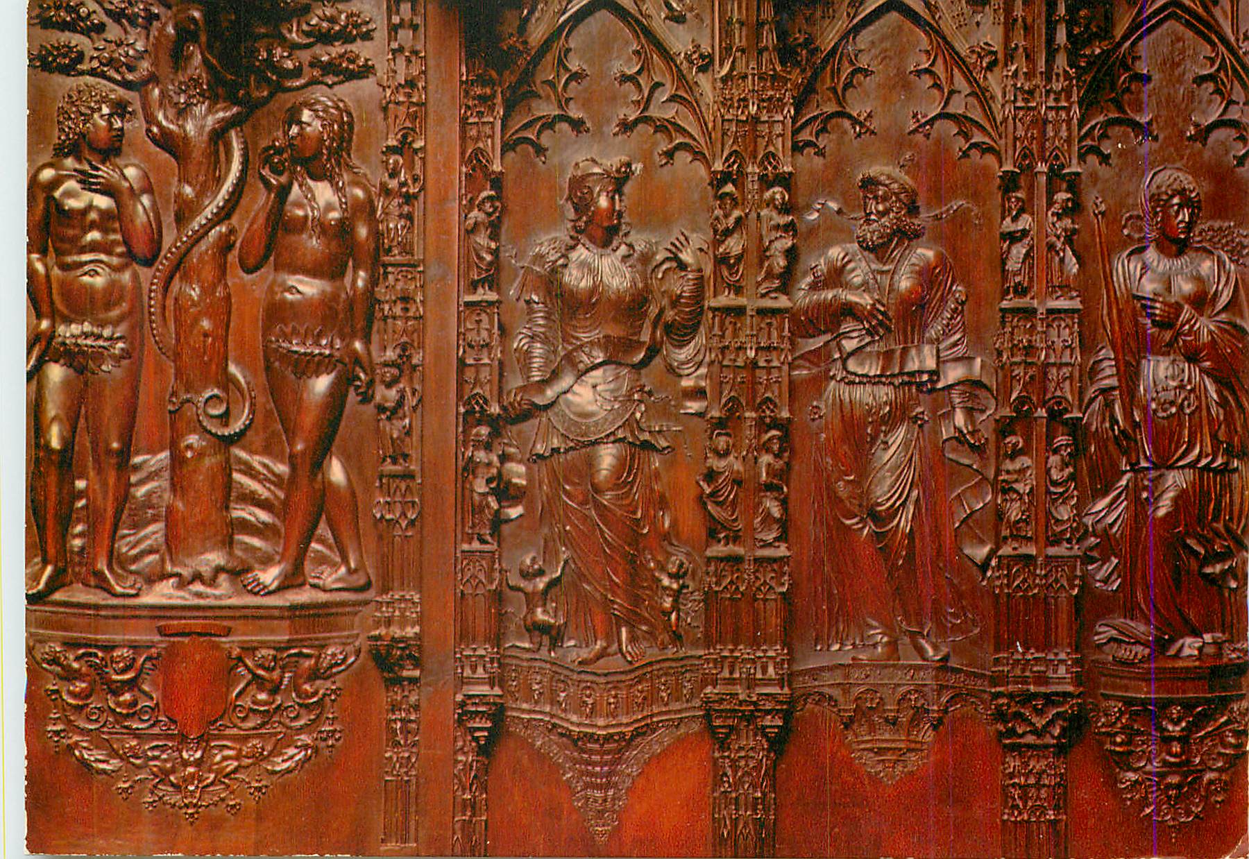 Geschnitztes Holz-Design — Szene der Versuchung Adams und Evas und religiöse Figuren — Verlesbarer Verleger