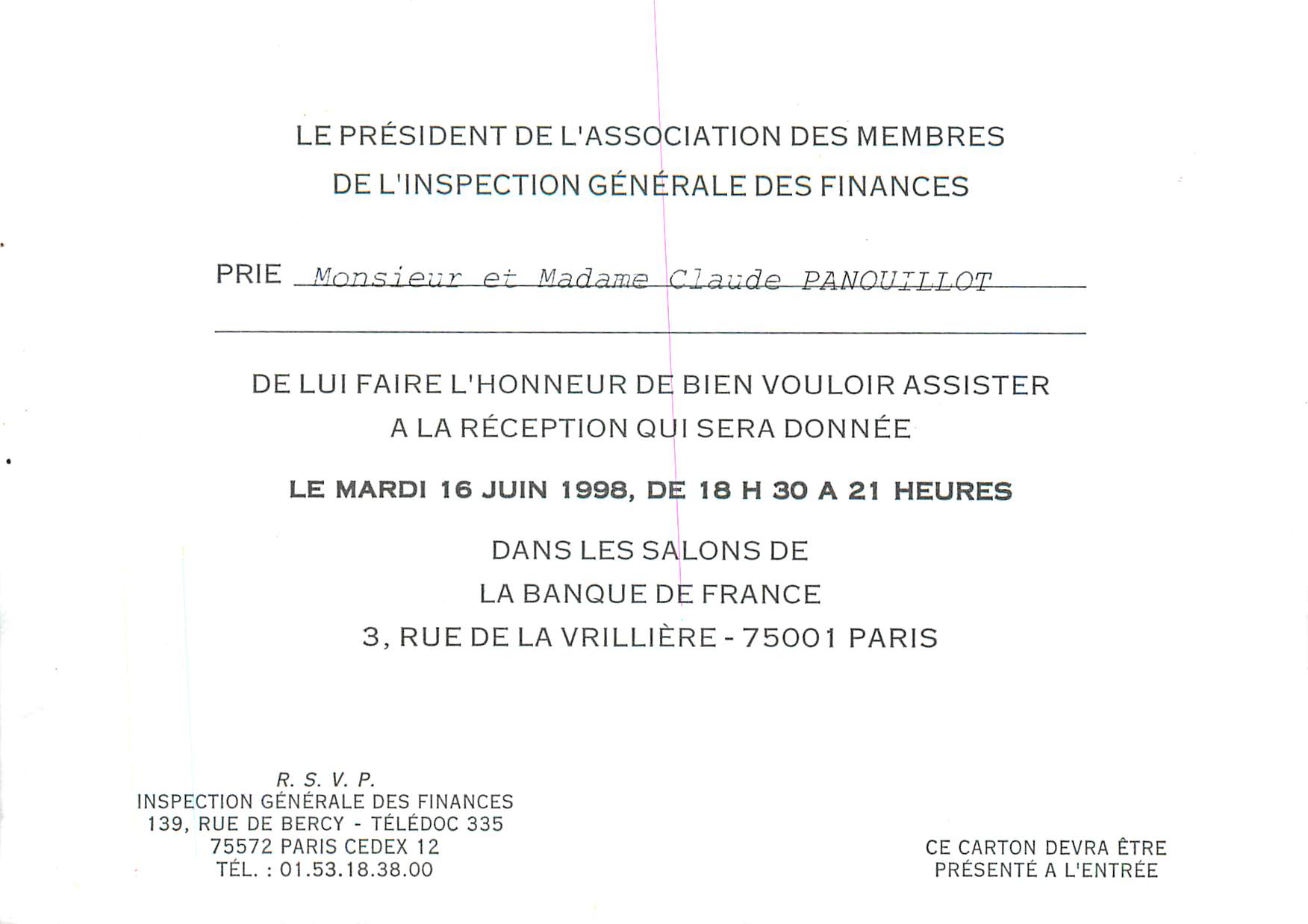CPM Le President de l'Association des Membres de l'Inspection Generale des Finances Banque de France Rue de la Vrilliere