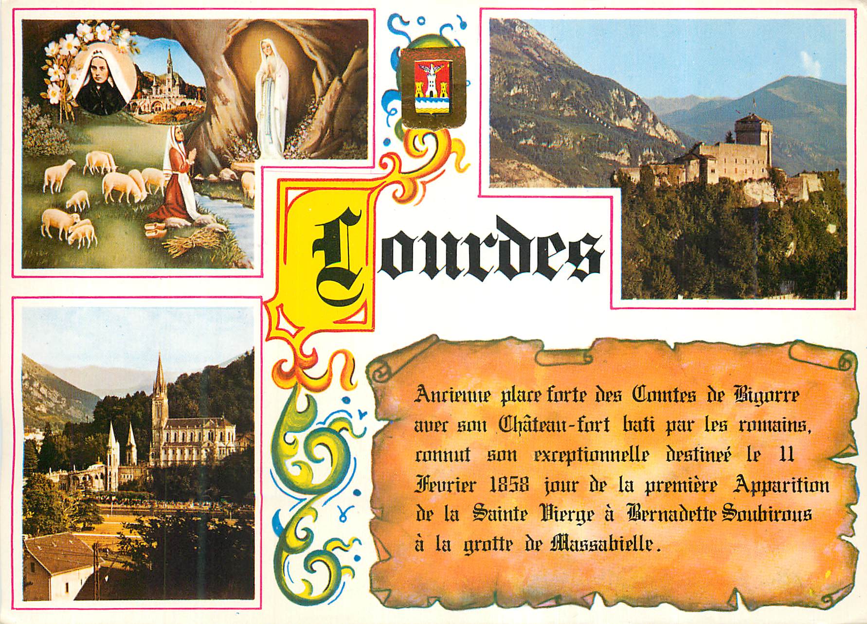 CPM Lourdes L'Apparition Le Chateau Fort La Basilique