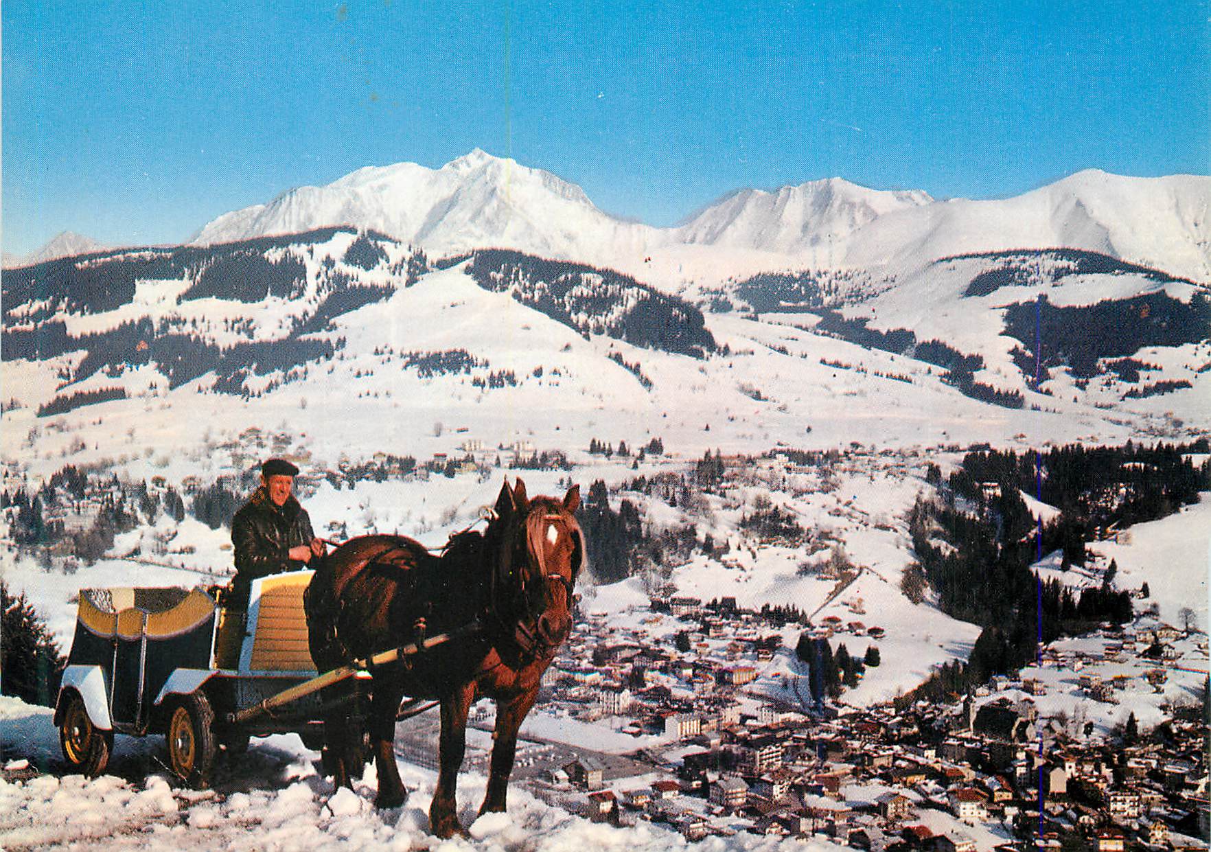 Village enneigé — vue panoramique avec calèche tirée par un cheval — éditeur non visible