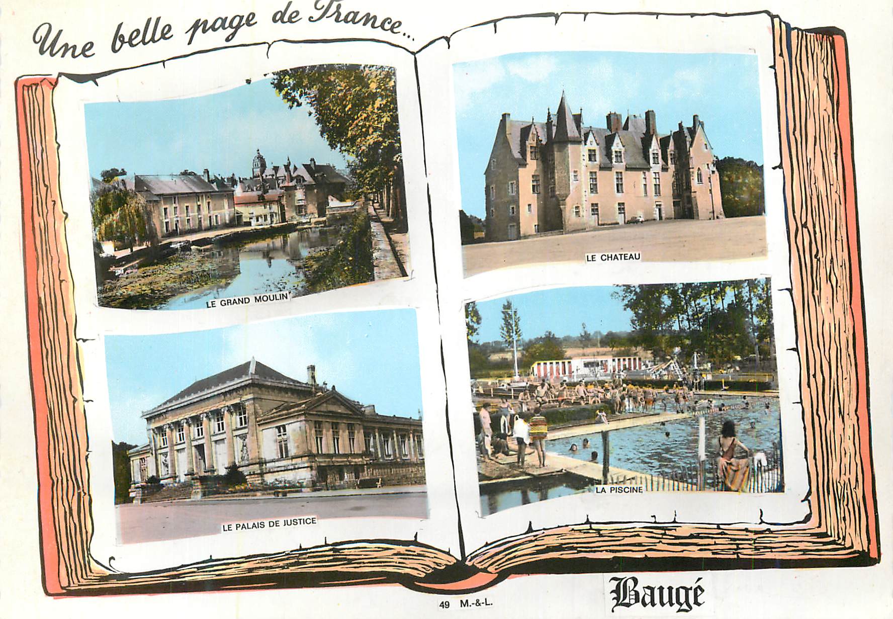 CPM Bauge (M et L) Une Belle page de France Le grand moulin Le château Le palais de justice La piscine