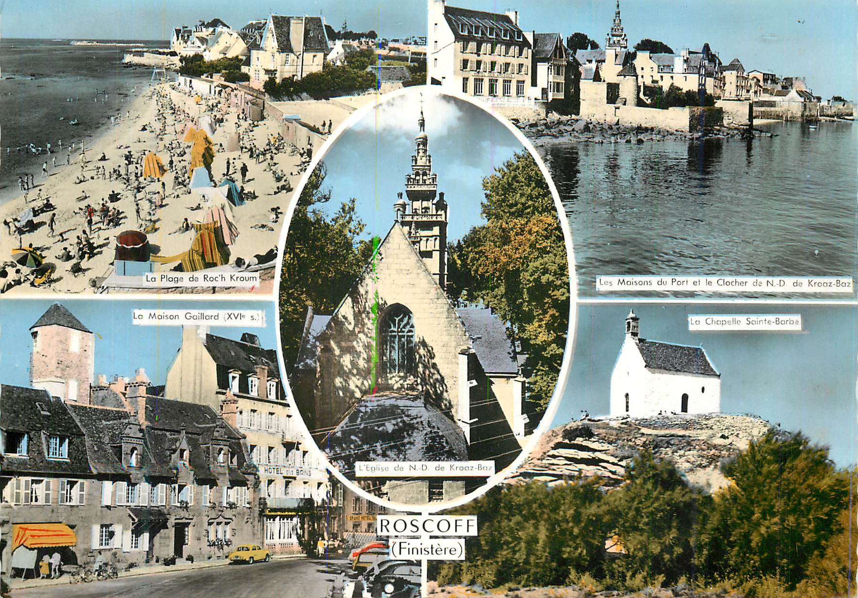 CPM Roscoff (Finistere) La plage de Roch Kroum Les maisons du port et le clocher de ND de Krooz Baz La maison Gaillard L