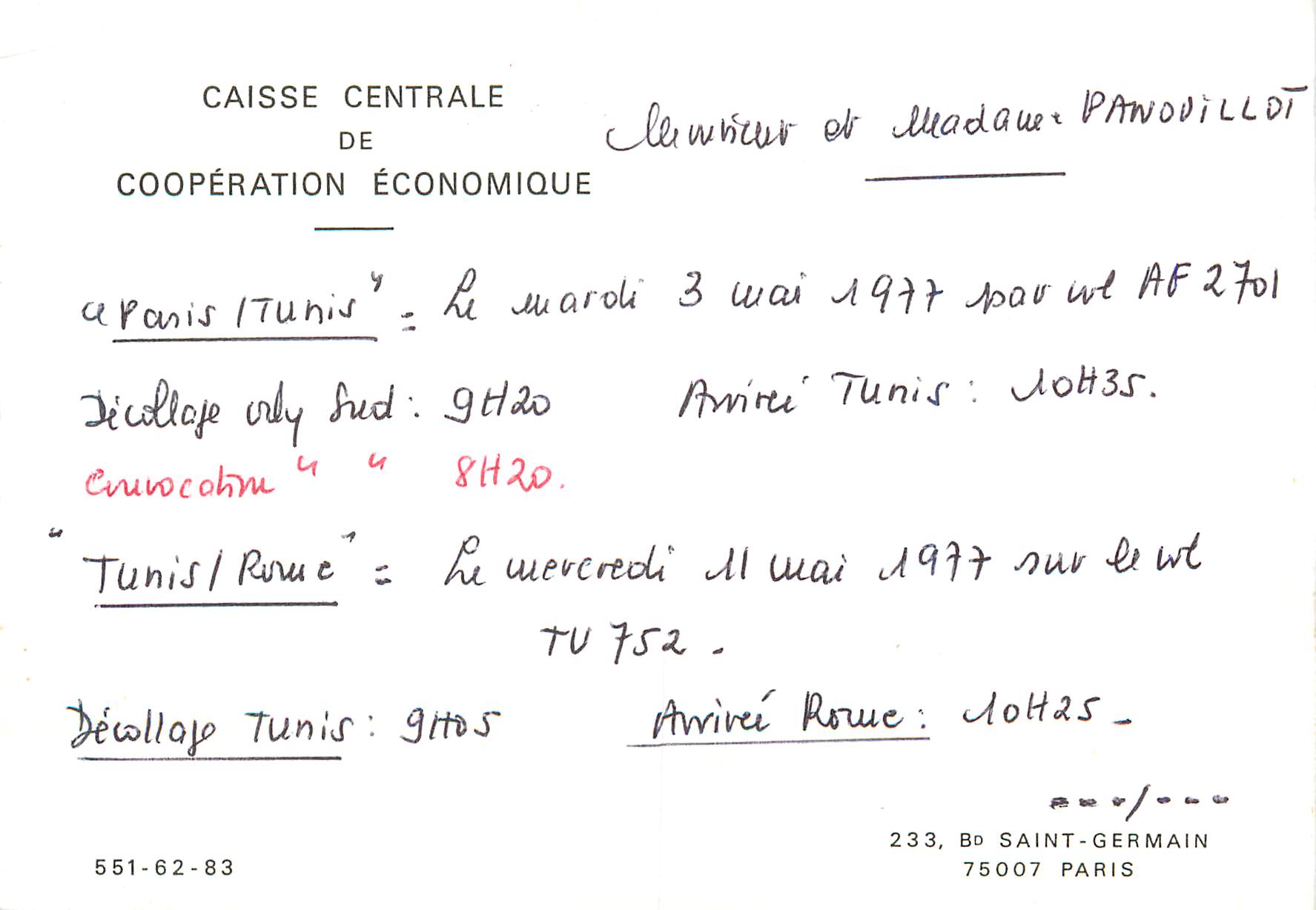Carte Caisse Centrale de Cooperation Economique Bd Saint Germain Paris Vol Paris Tunis 1977 Air France AF 2701 Aviation