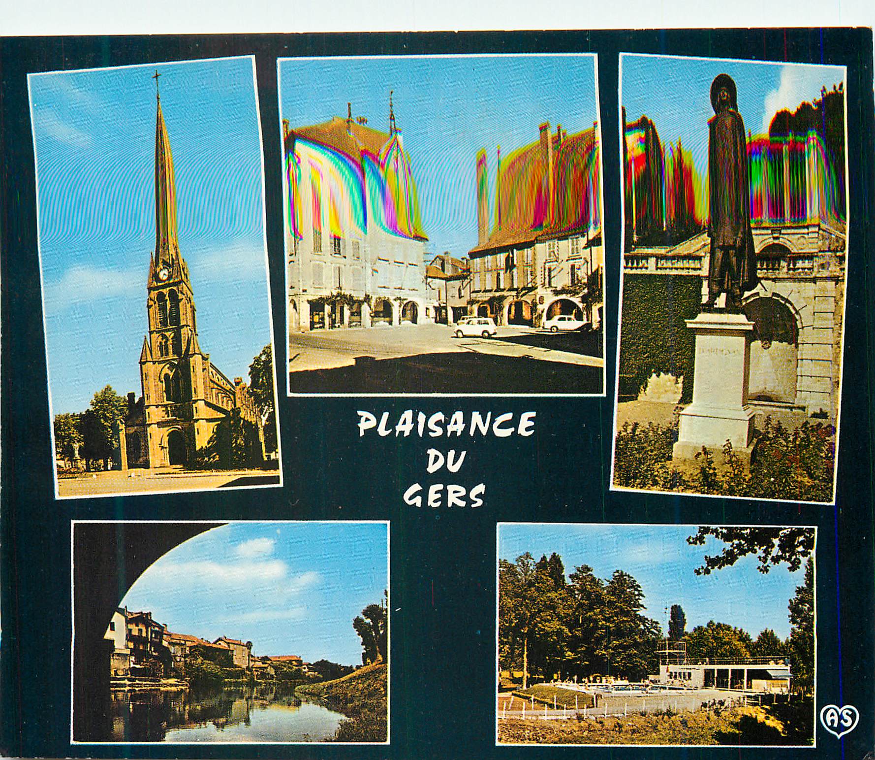 Plaisance du Gers — vue de la ville avec église, place, statue, pont et parc — éditeur AS