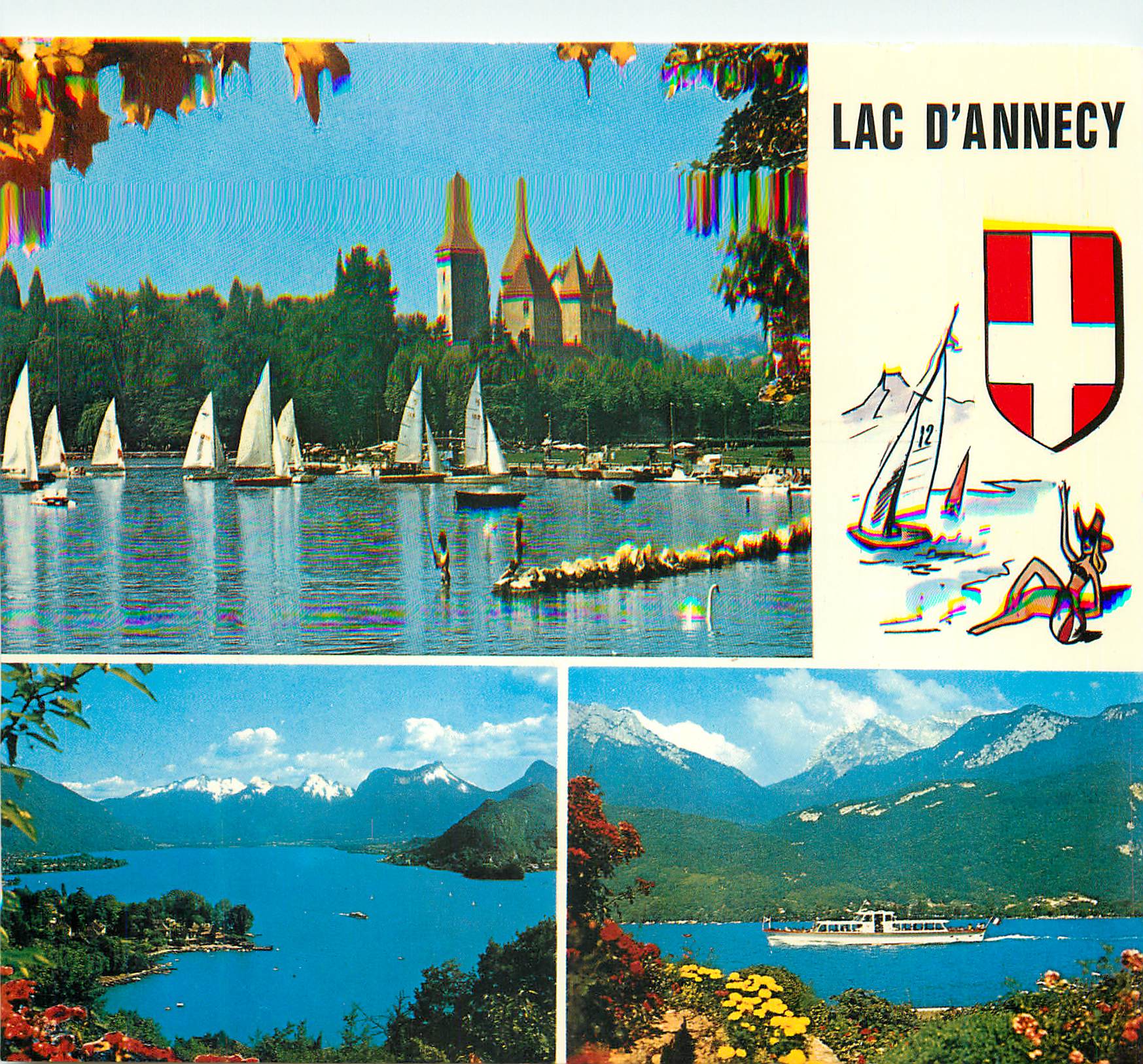 Lac d'Annecy — Panoramablick mit Schloss und Bergen — Verleger nicht sichtbar