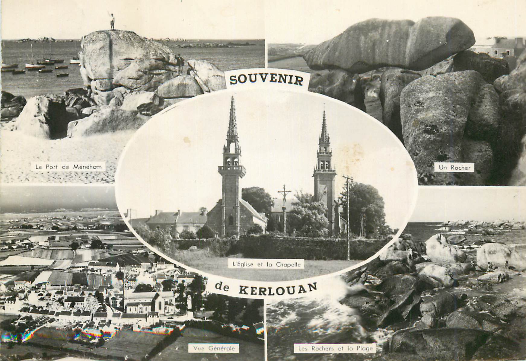 CPM Souvenir de Kerlouan Le port de Meneham L'eglise et la chapelle Un rocher Vue generale Les rochers et la plage