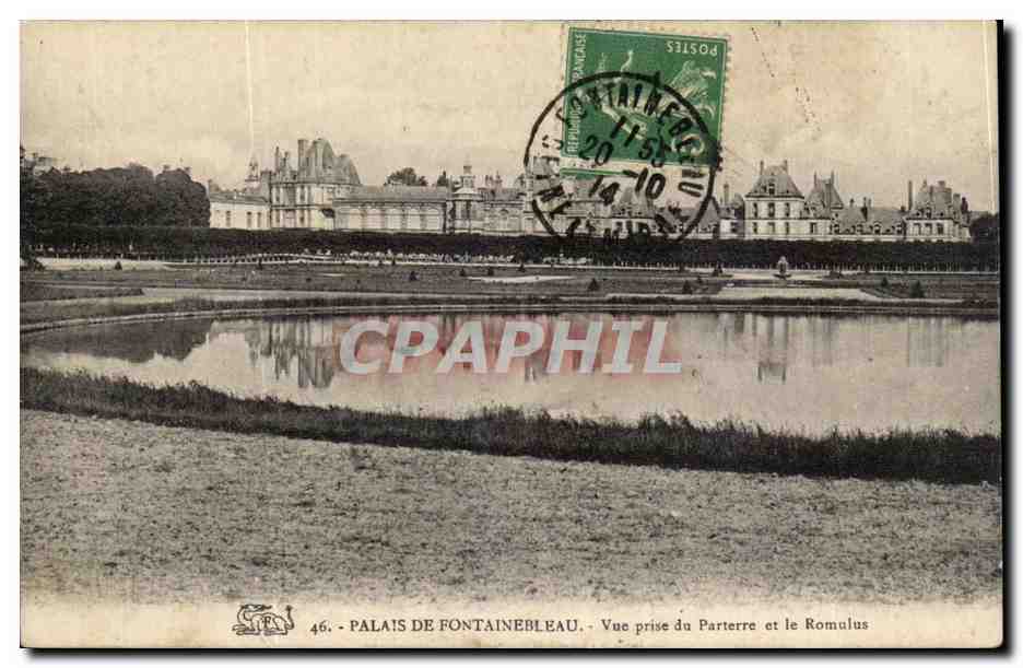 Schloss Fontainebleau — Ansicht vom Parterre und dem Romulus — unbekannter Verlag, Nr. 46