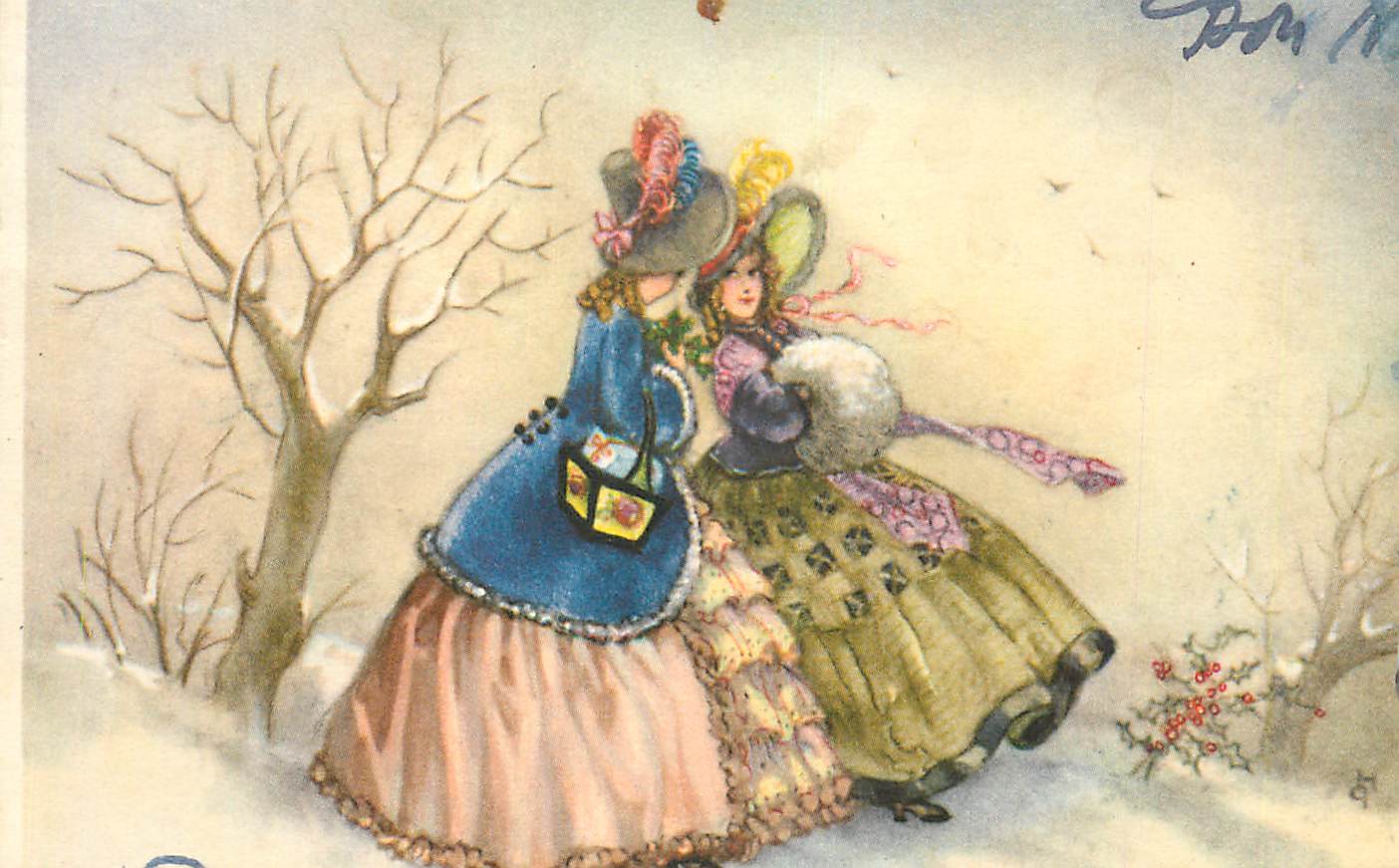 Deux jeunes femmes en robe d'époque dans un paysage hivernal — illustration — éditeur et n° de série non lisibles