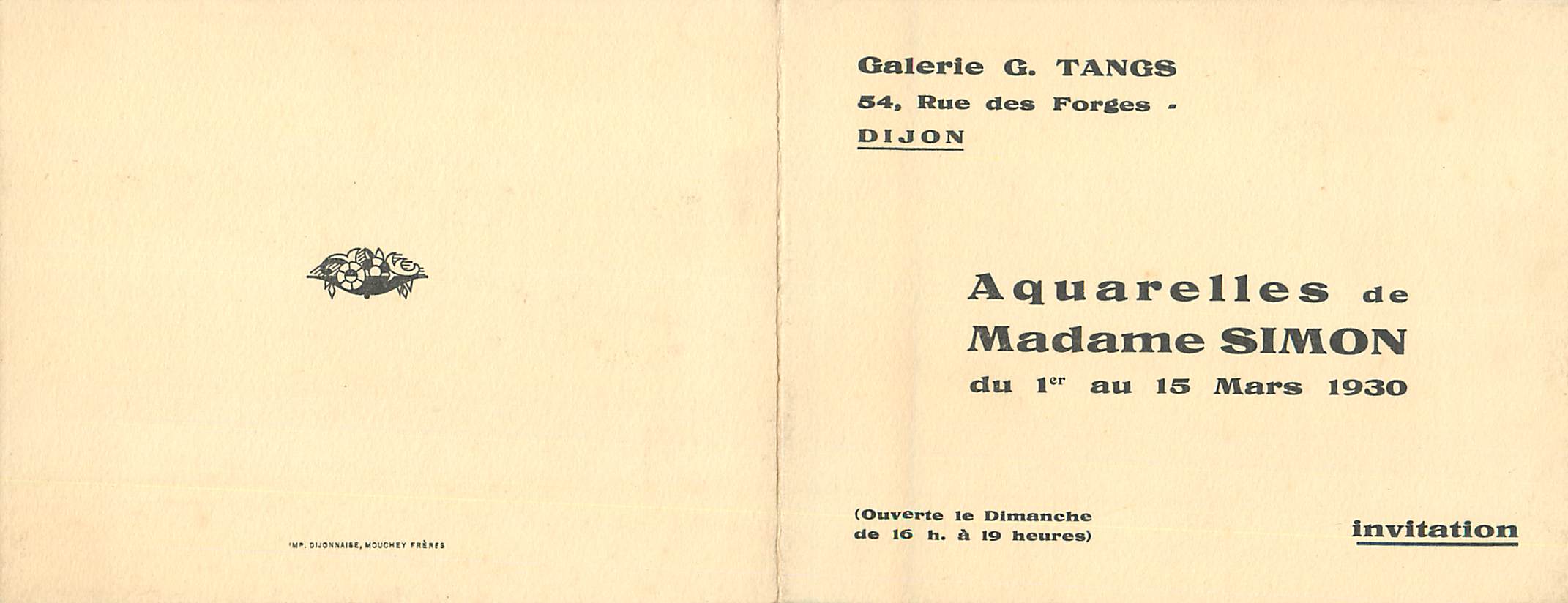 Carton d'invitation Aquarelles de Madame Simon du Ier au 15 Mars 1930 Invitation Rue des Forges Dijon