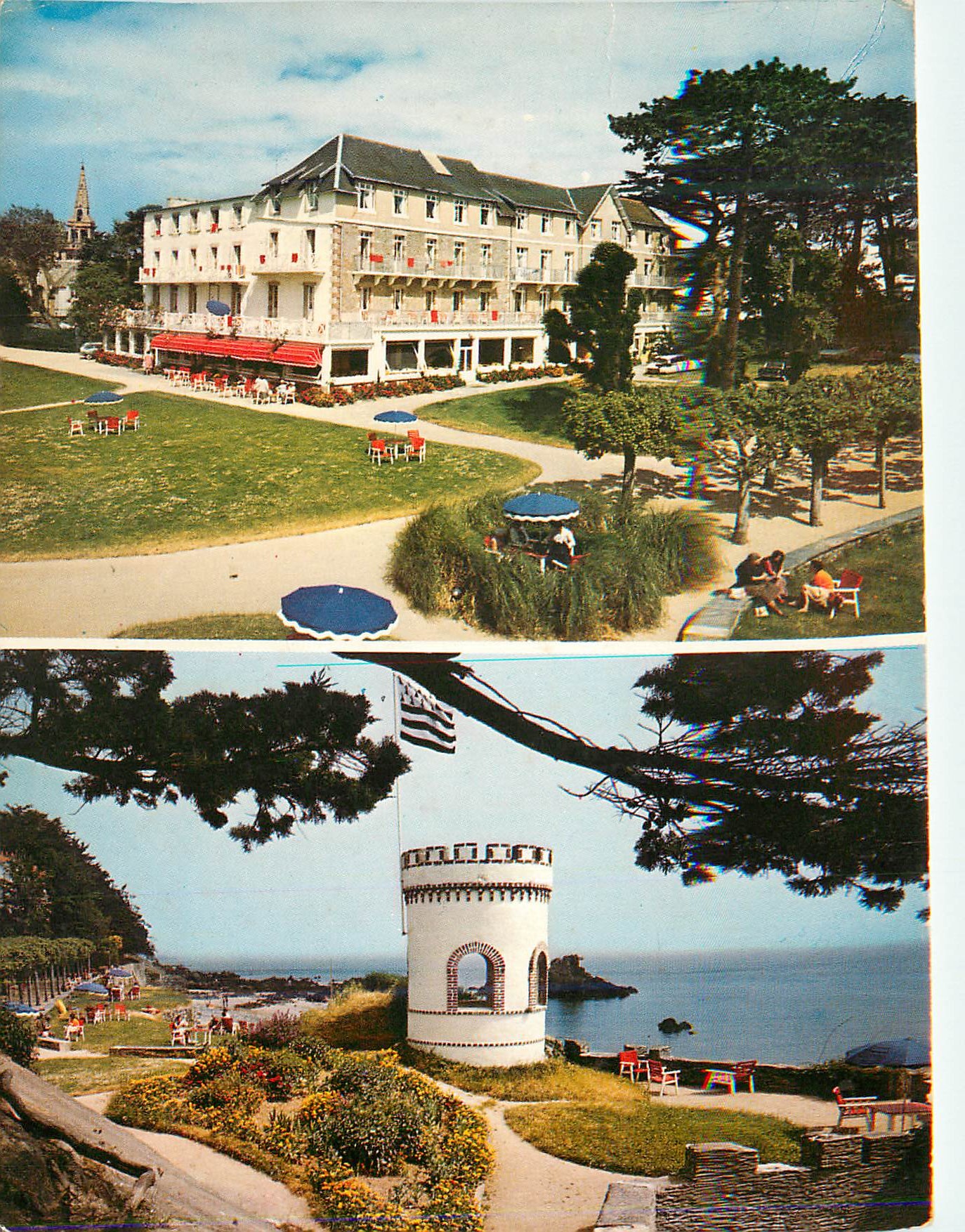 CPM Locquirec Nord Finistere France Grand Hotel des Bains et son Fortin Plage Parc Tennis