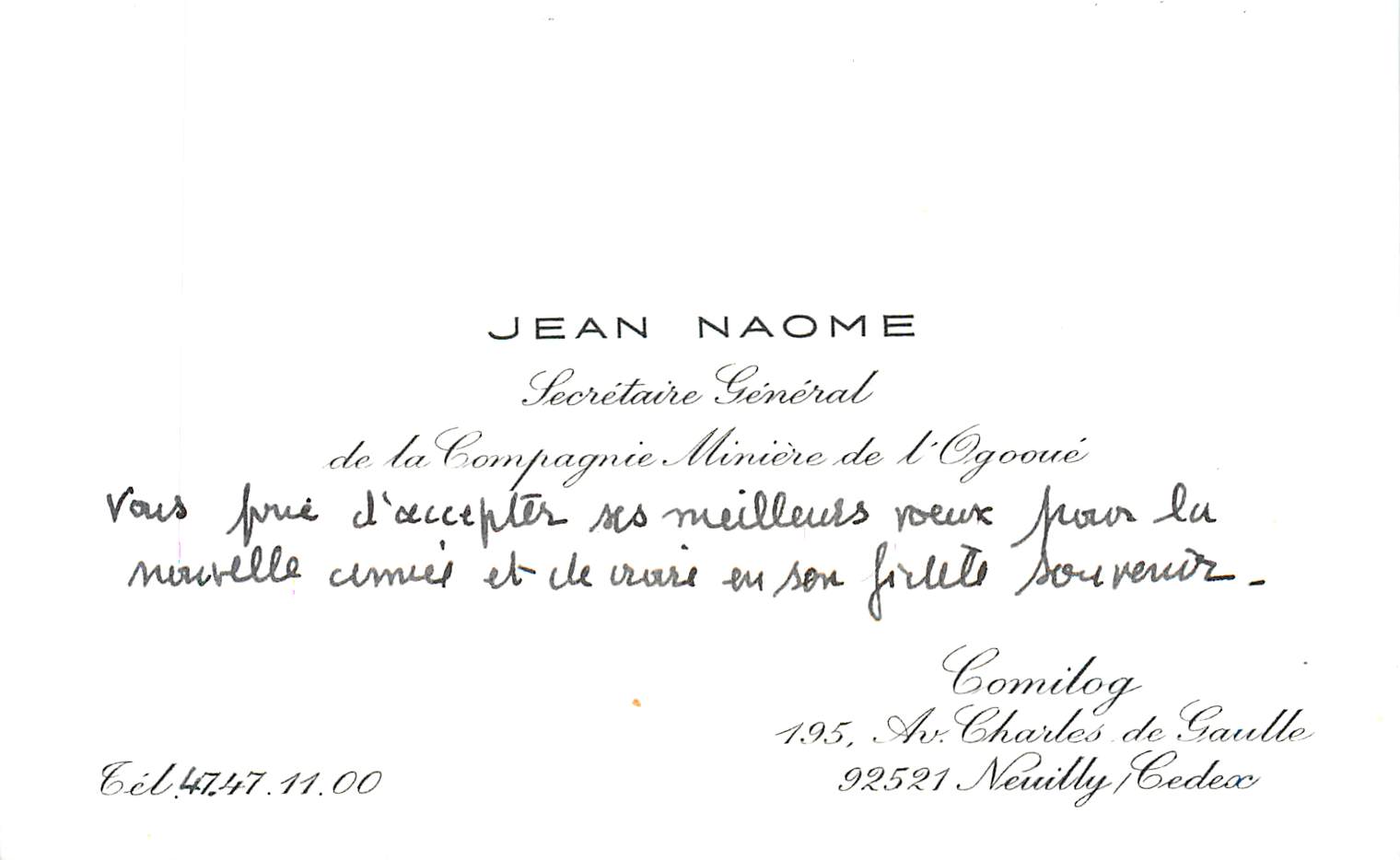 Carte de visite Jean Naome Secretaire General de la Compagnie Miniere de l'Ogooue Comilog