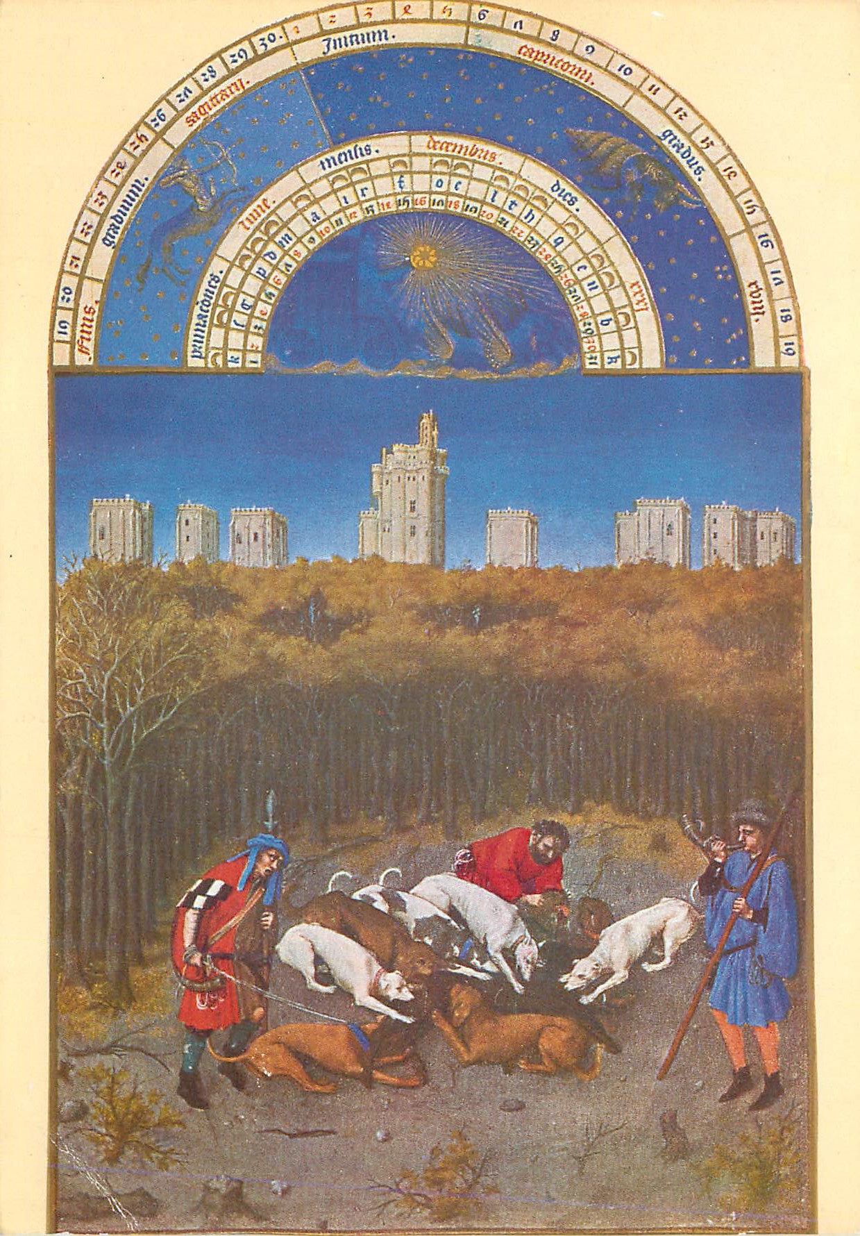 Chasseurs et chiens devant un château — illustration inspirée de la miniature de l'Almanach de l'abbaye de Saint-Denis — éditeur non identifié