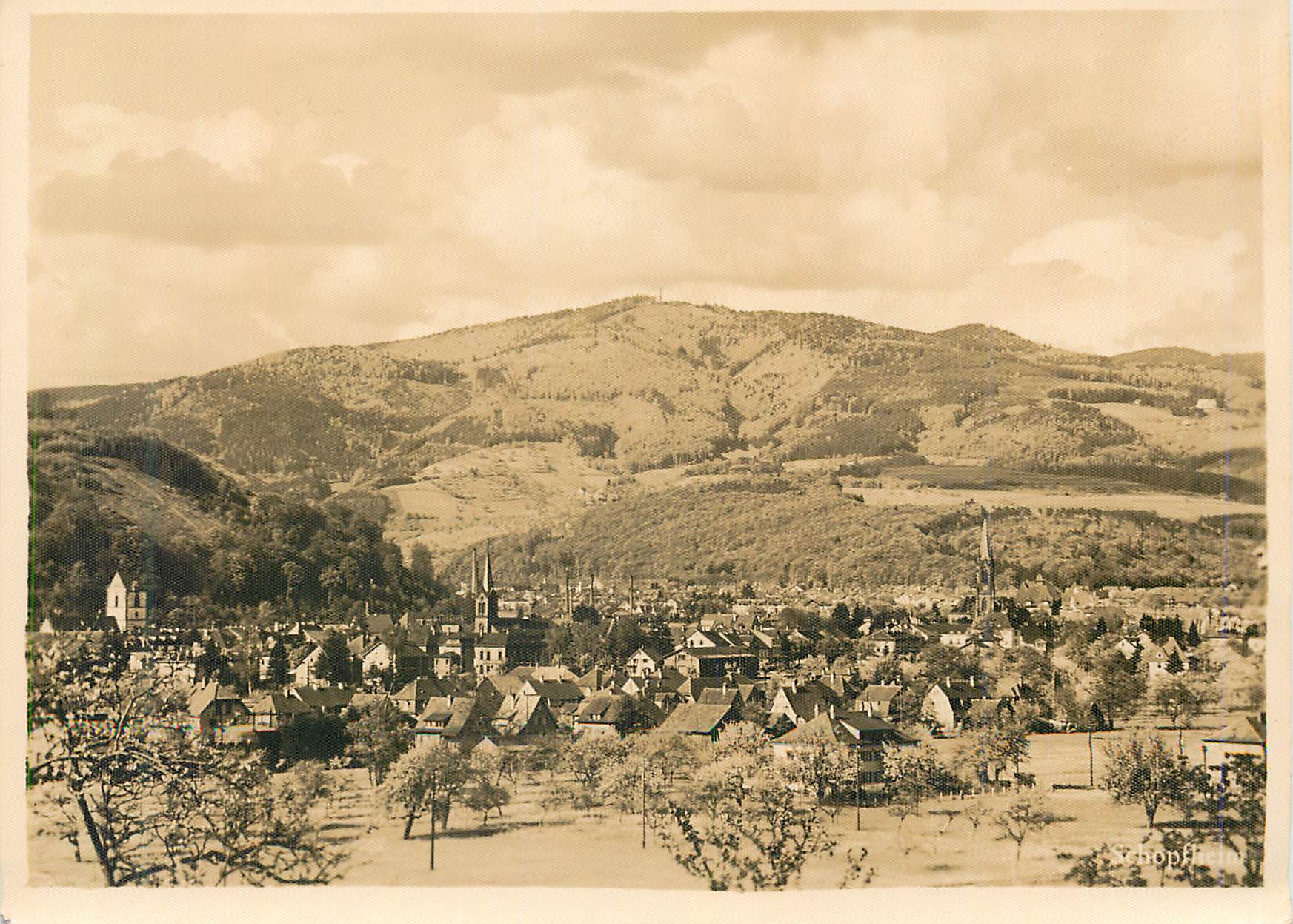 Schopfheim — vue panoramique du village et des collines — éditeur Schopfheim, n° de série non visible