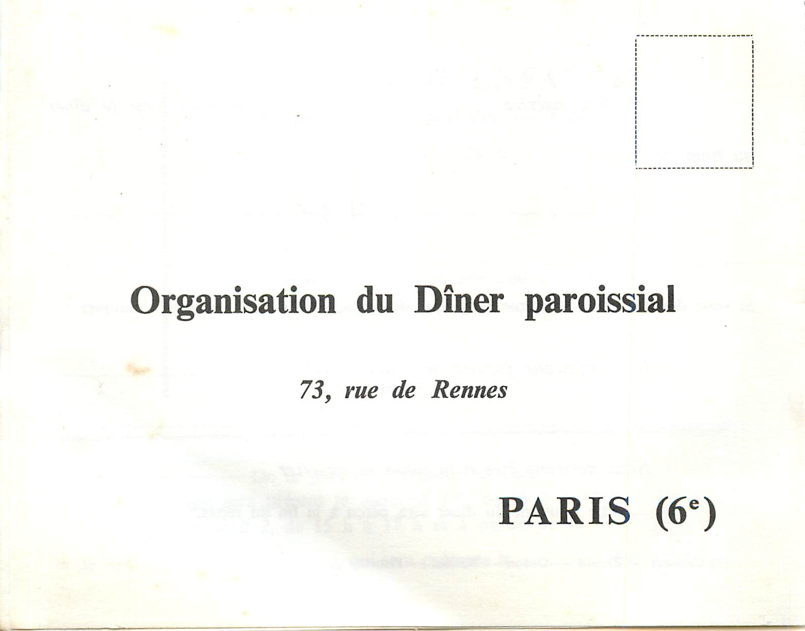 Carte d'invitation Paris (6e) Organisation du Diner Paroissial Rue de Rennes Salles Lutetia Boulevard Raspail