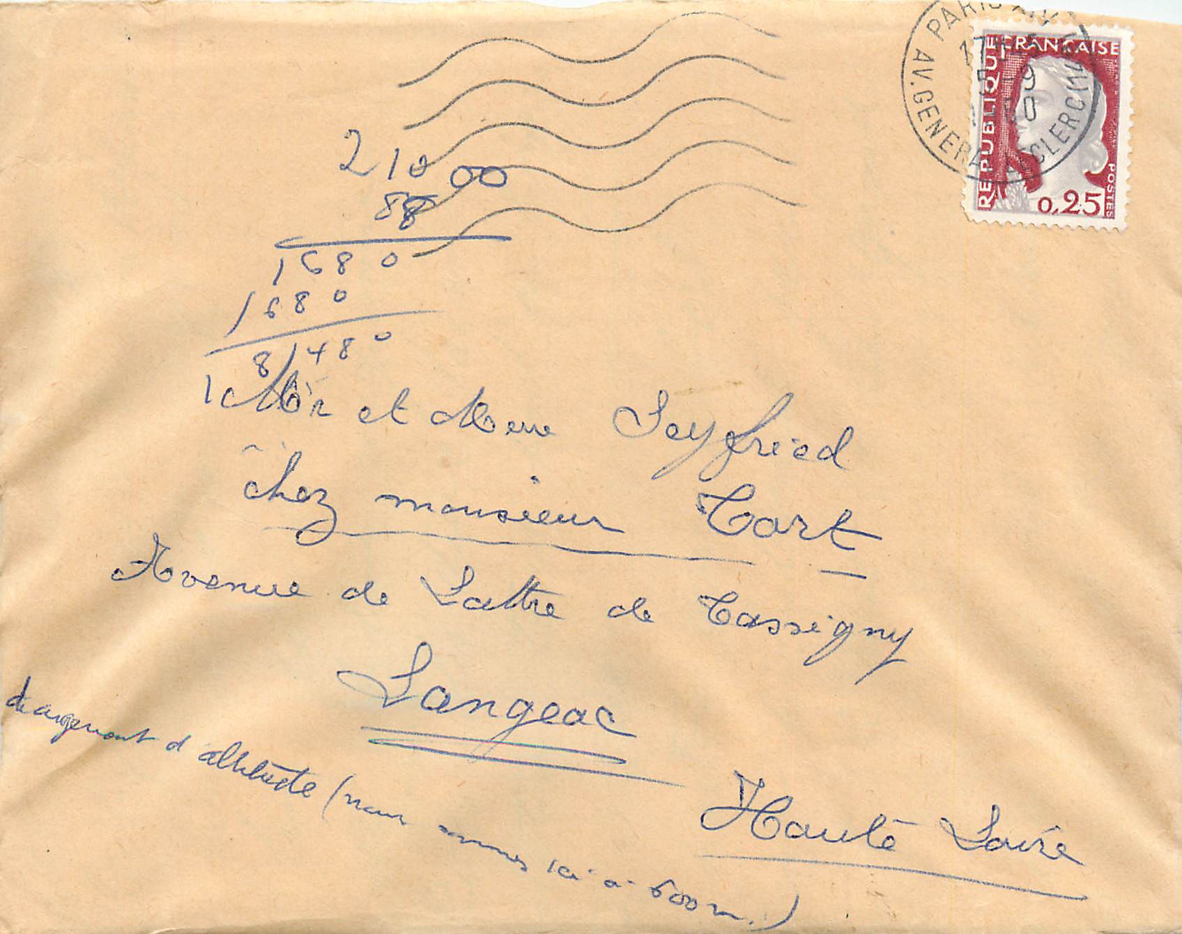 Lettre 1960 Paris pour Seyfried Langeac
