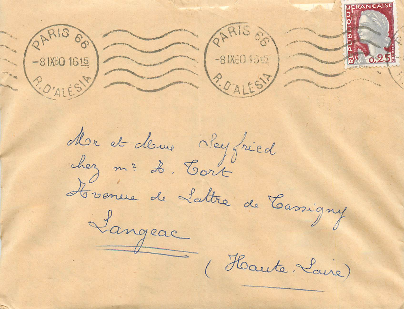 Lettre 1960 Paris pour Seyfried Langeac