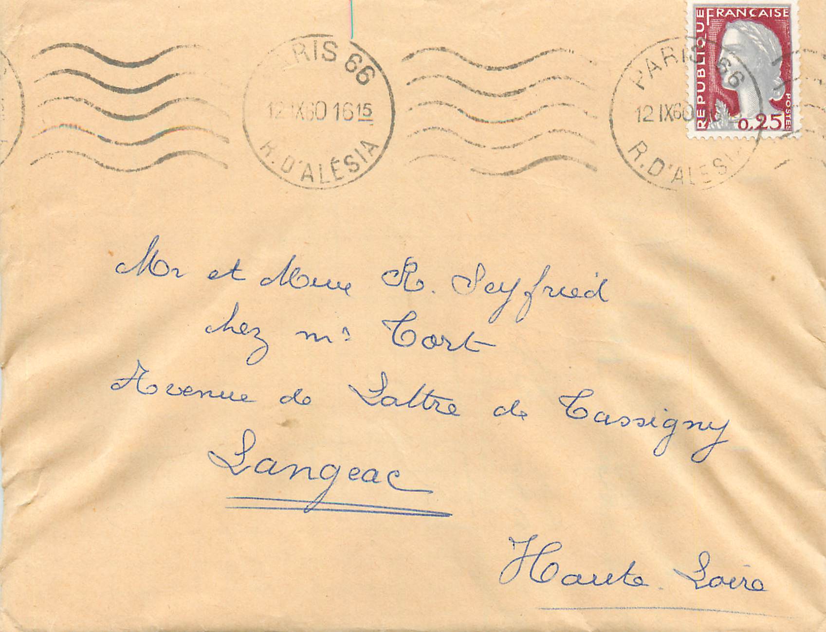 Lettre 1960 Paris pour Seyfried Langeac