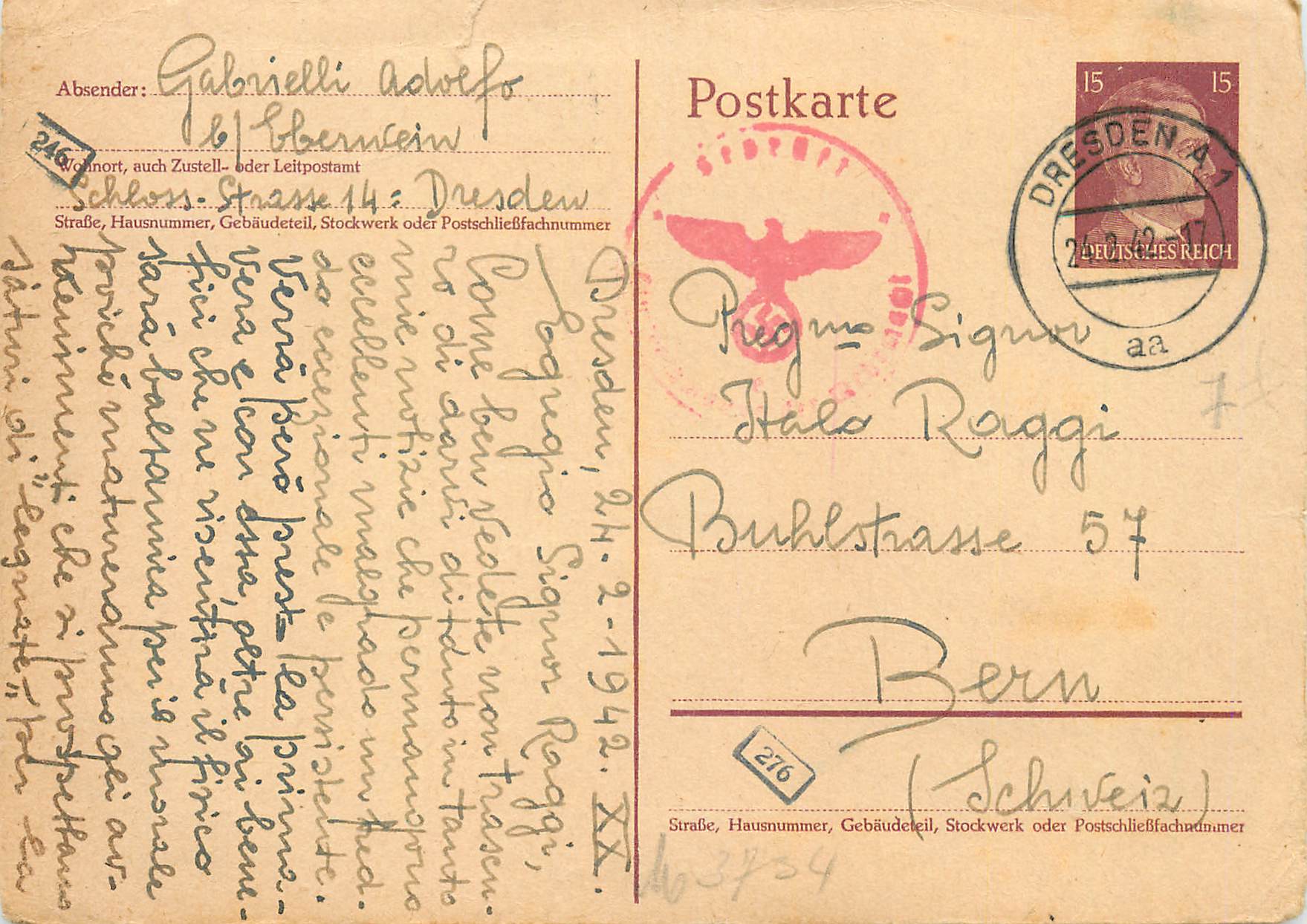 Entier Postal Hitler 15 Dreden for Bern Suisse 