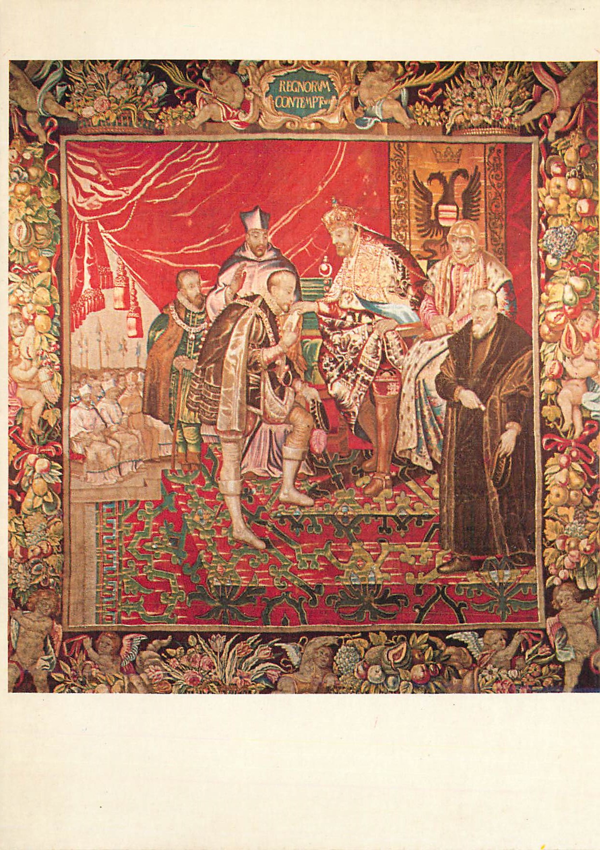 Tapisserie représentant une scène royale — inscription 'REGNORUM CONTEMPT' — éditeur et n° de série non lisibles