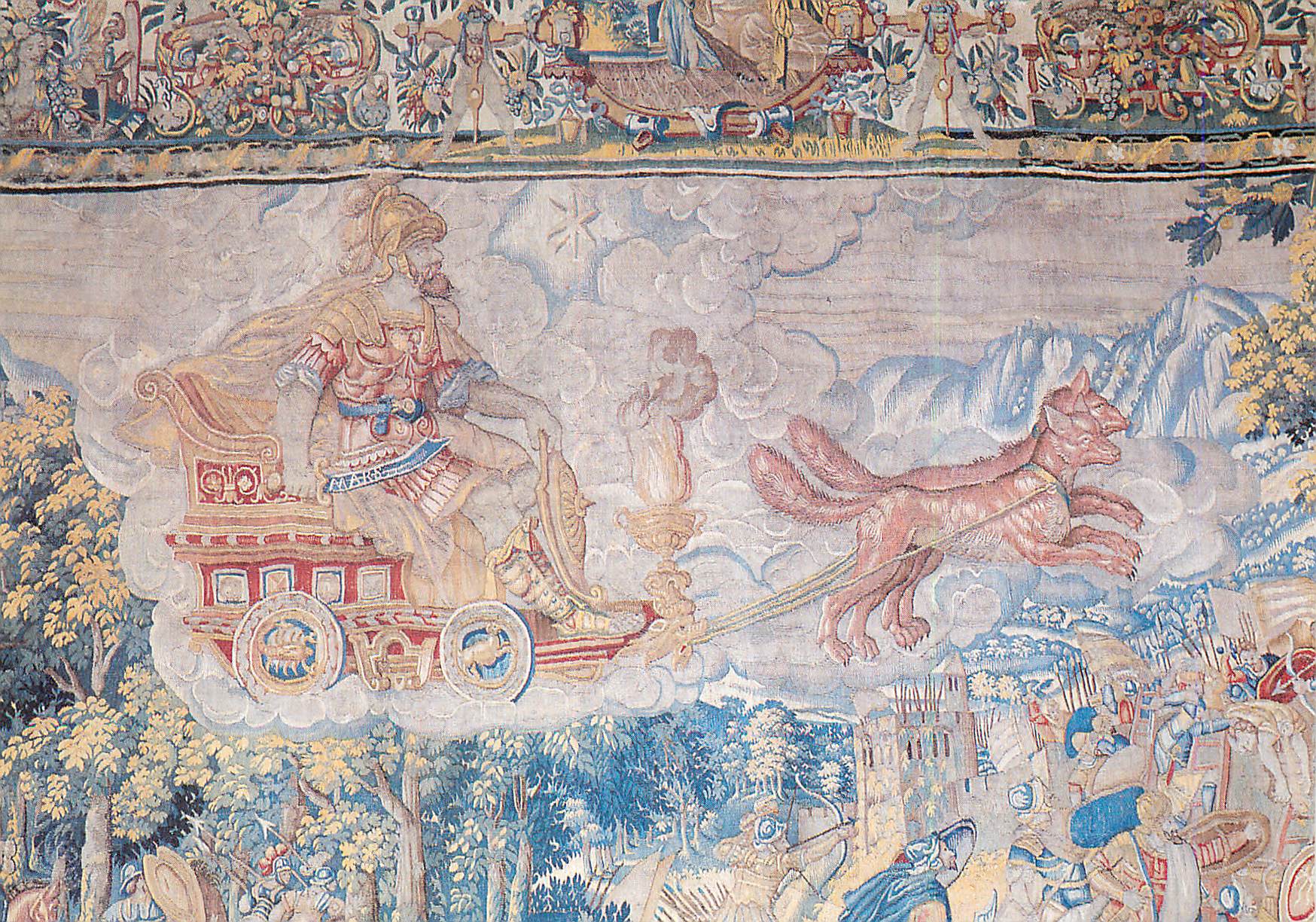Soleil dans son char tiré par deux chiens — tapisserie médiévale — éditeur inconnu