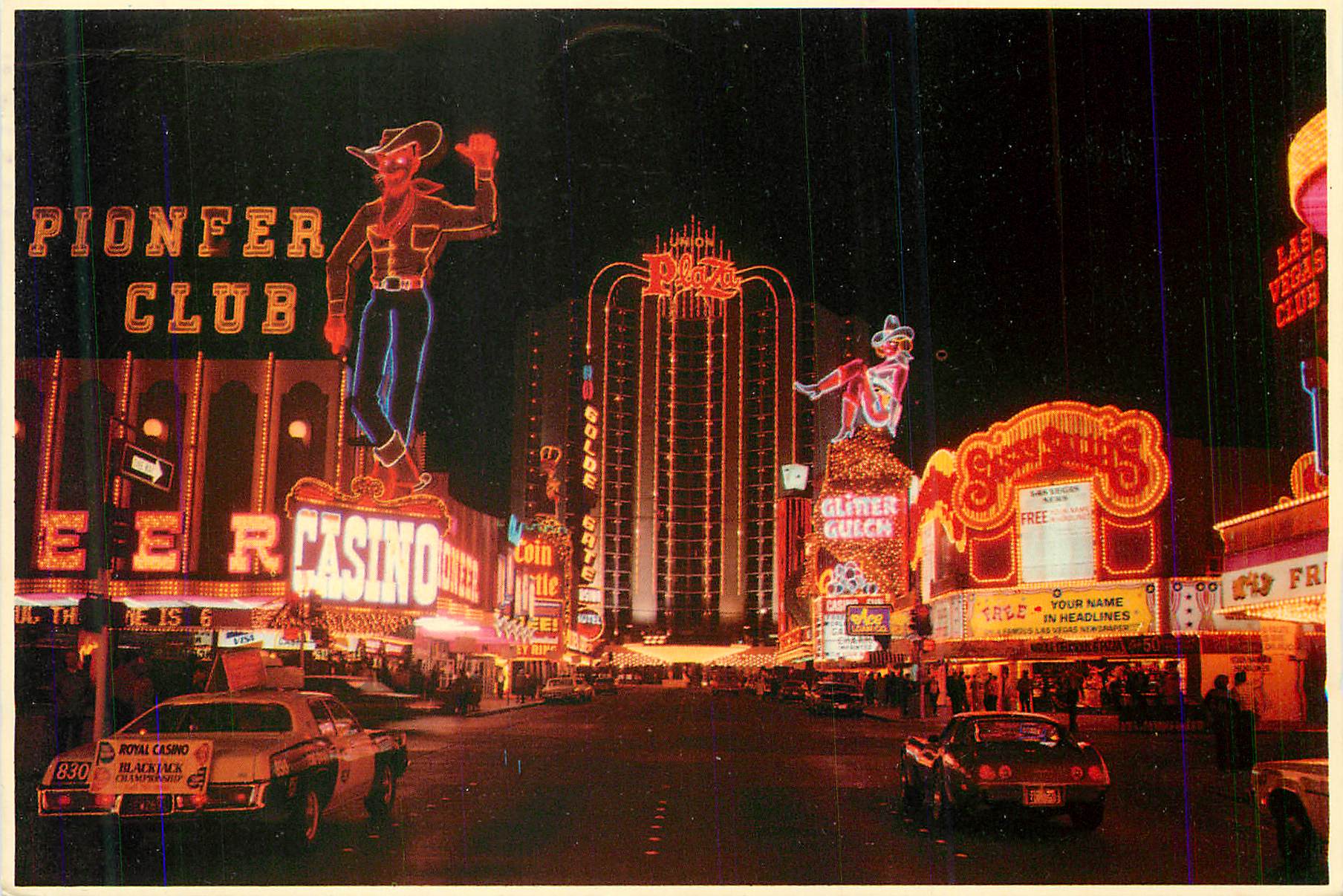 CPM Las Vegas Downtown Showing Plaza Hotel Pioneer Club Sassay Sally's and Glitter Gulch