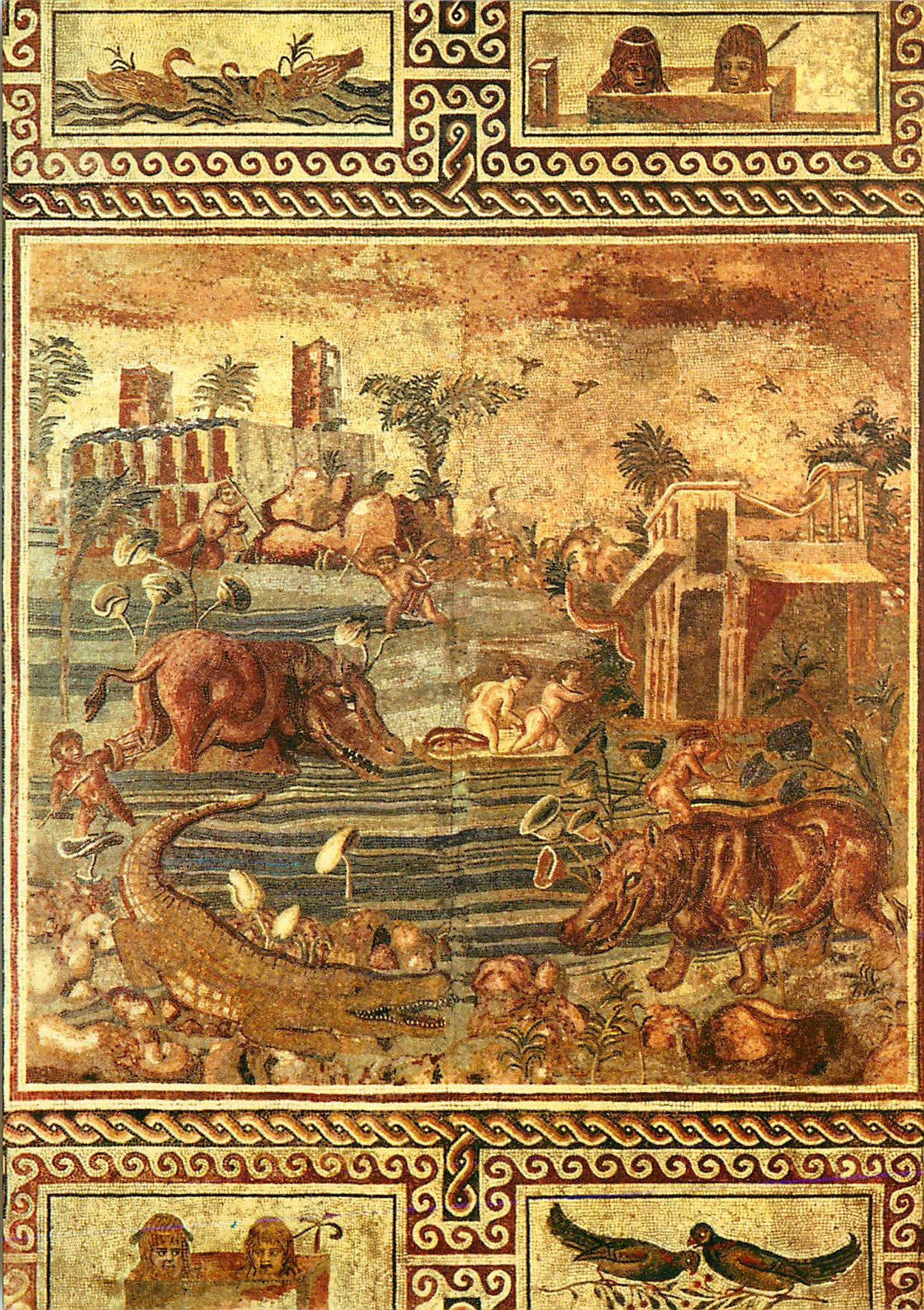 CPM Roma Mosaique du Nil Pygmees et animaux (Musee National Romain)