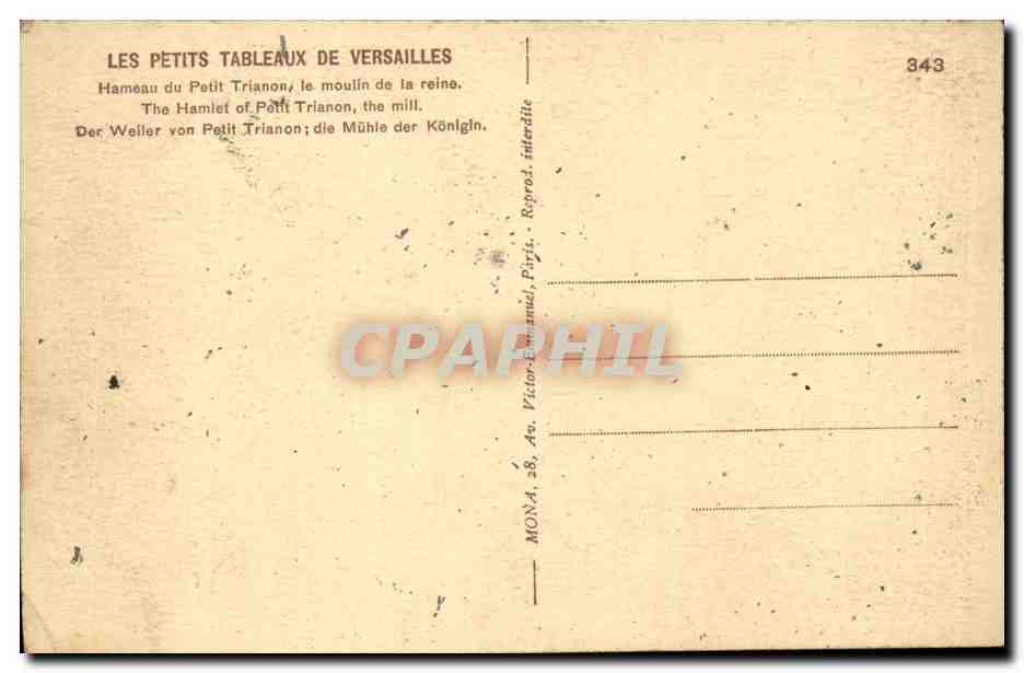 Le hameau du Petit Trianon — moulin de la reine — éditeur Mona, n° 343 — Verso