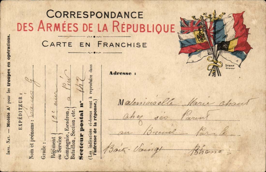 Carte de correspondance des Armees Ahaut Bois Voingt Rhone (militaria)