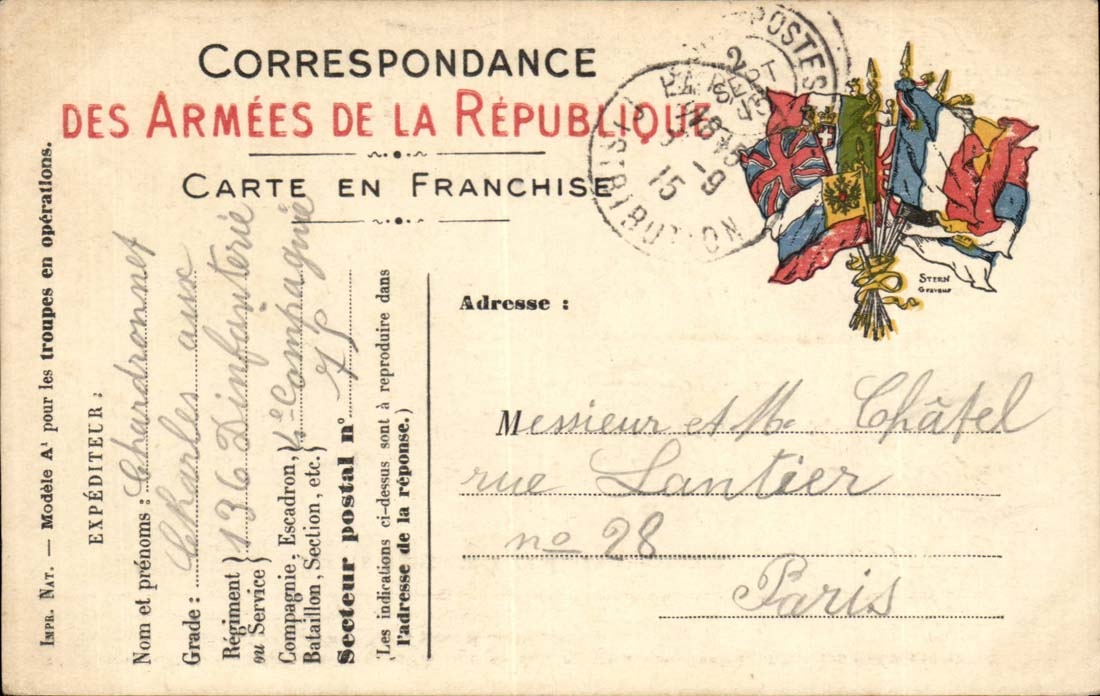 Carte de correspondance Chatel rue Lantier a Paris Chardonnet 4eme compagnie (militaria)