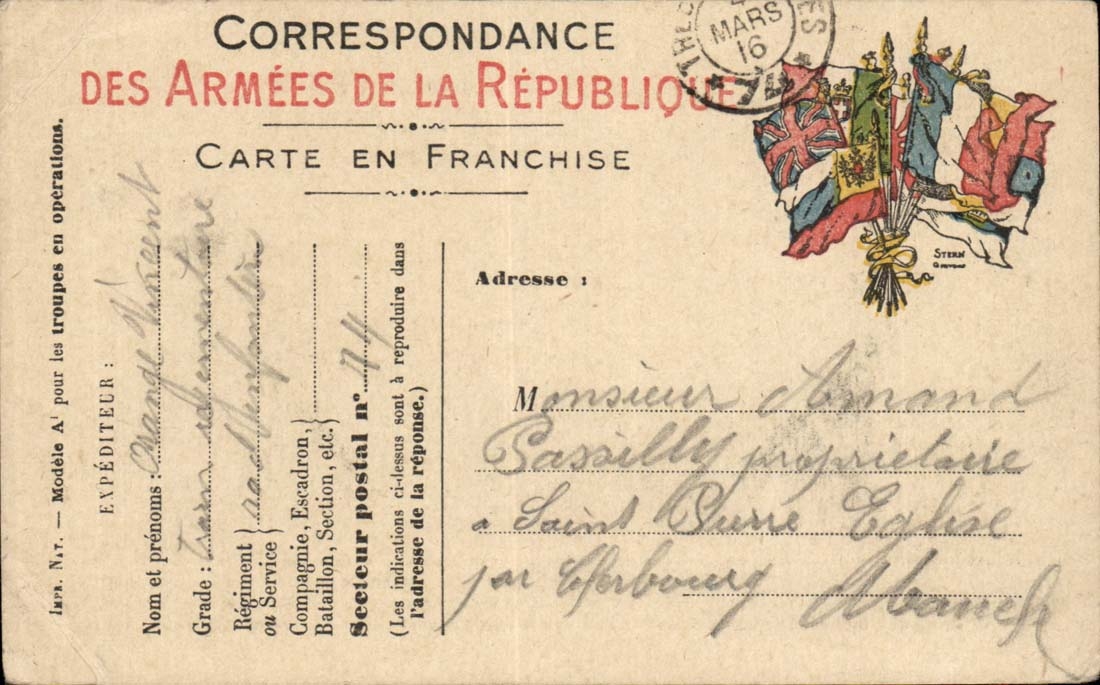 Carte de correspondance Amand Pasilly Sains Pusie Eglise par Cherbourg Vincent Orange (militaria)