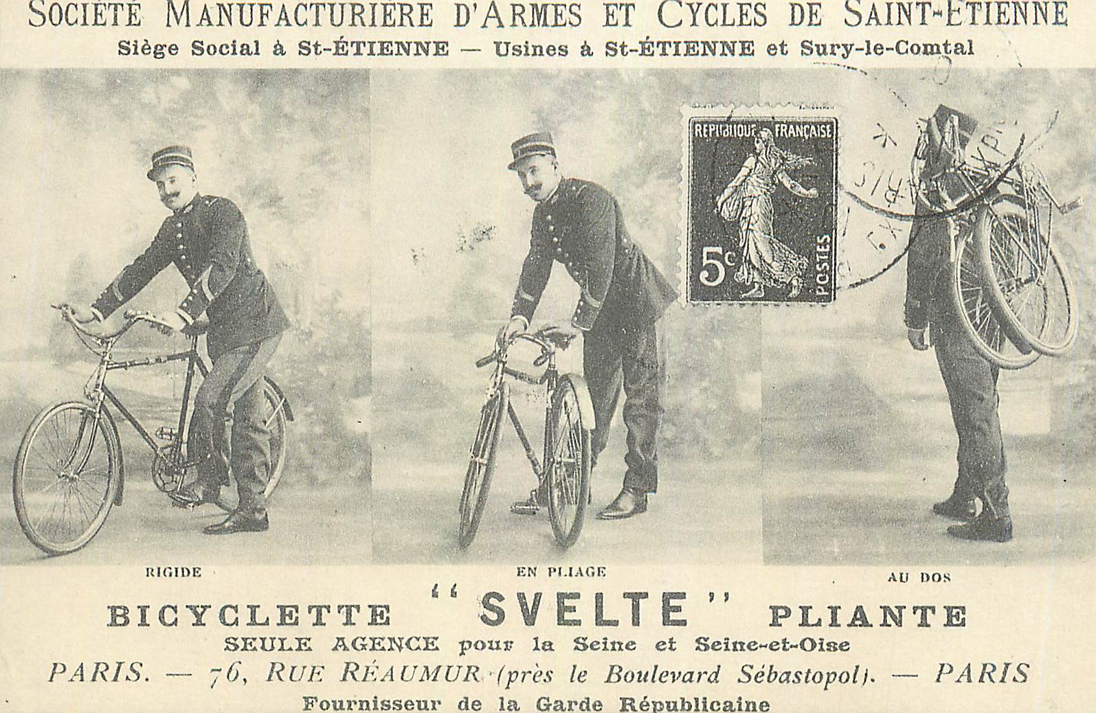 REPRO Societe Manufacture d'Armes et Cycles de Saint Etienne Bicyclette Svelte Pliante Velo Cycle