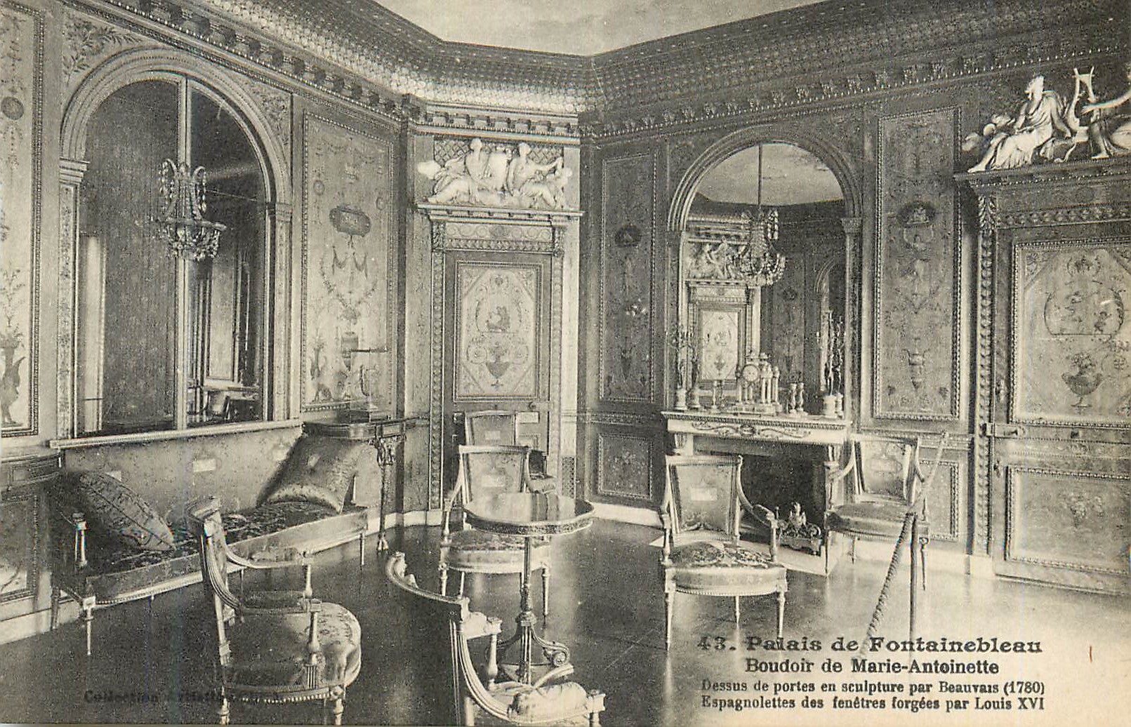 Schloss Fontainebleau — Boudoir von Marie-Antoinette — Schnitzereien an Türen von Beauvais (1780) und geschmiedete Fensterschlösser von Ludwig XVI