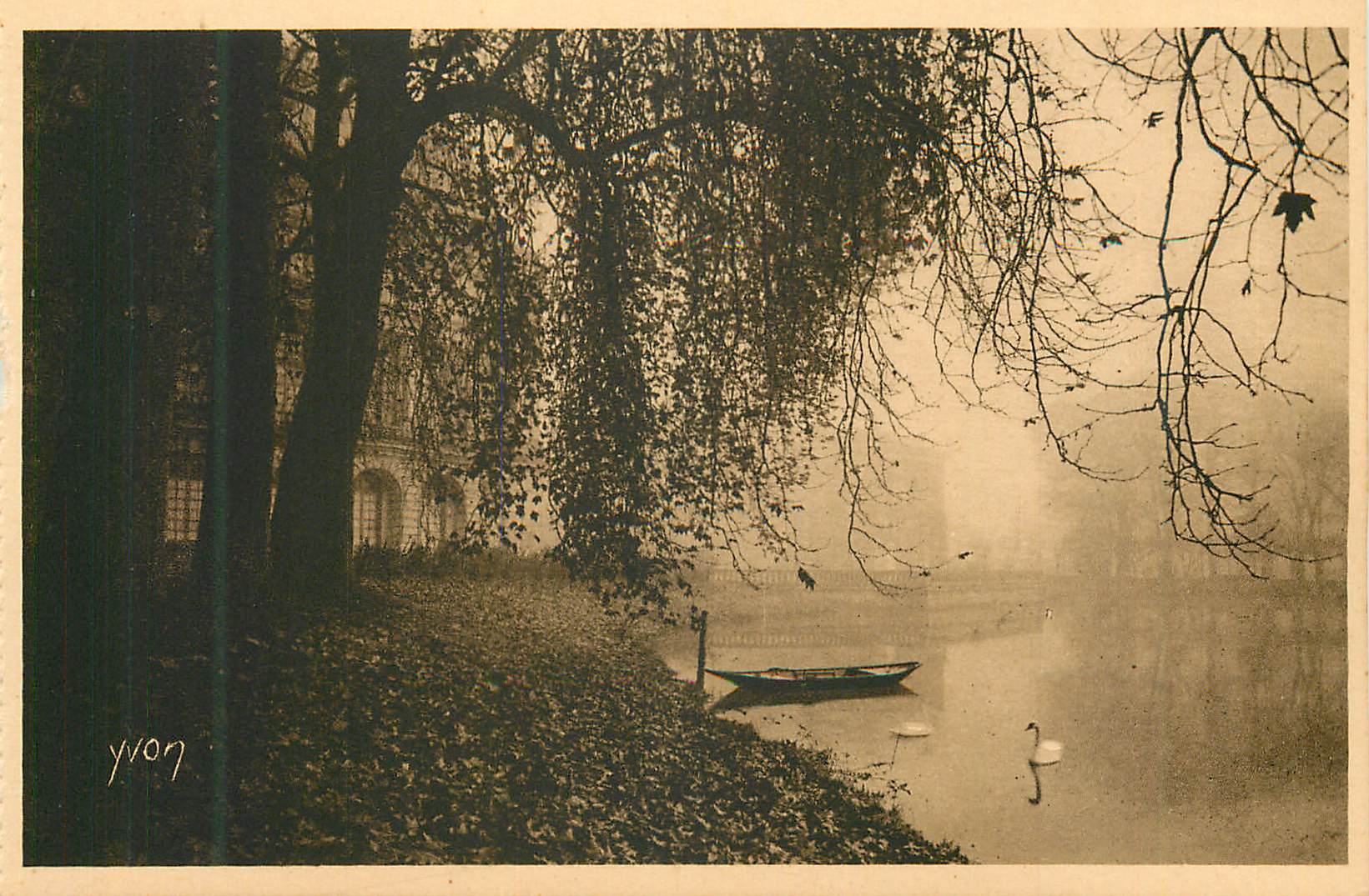 Paisaje de lago con cisne — Yvon — editor no visible