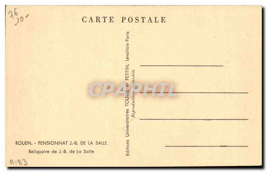 Rouen CPA Pensionnat JB de la SAlle Reliquaire de JB de la SAlle — Verso