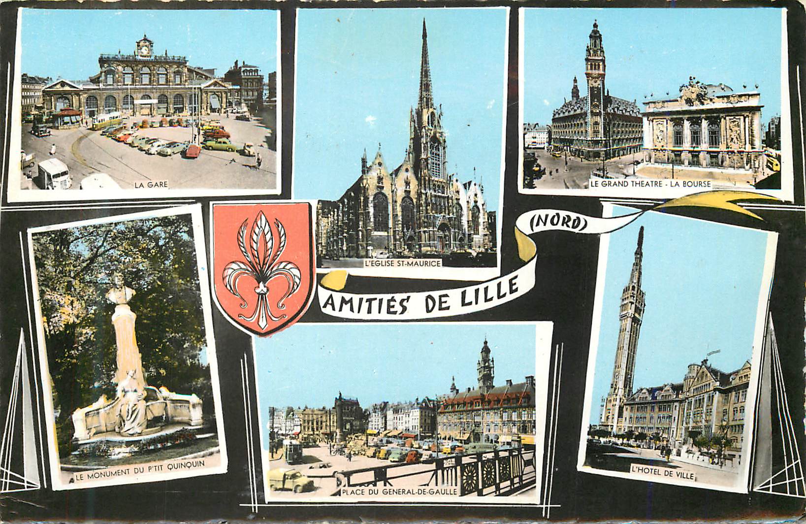 CPM Amities de Lille (Nord) La gare Le grand theatre La Bourse Le monument du Ptit Quinquin L'hotel de ville Place du Ge