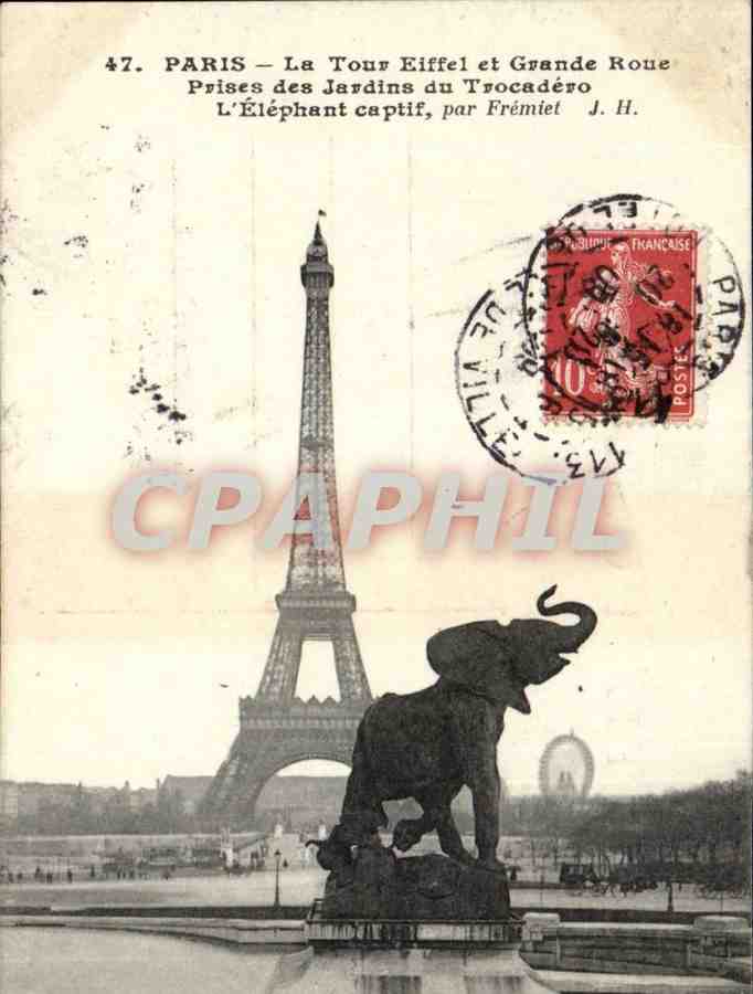 Paris CPA La Tour eiffel et grande roue Prises des jardins du trocadero l'elephant captif