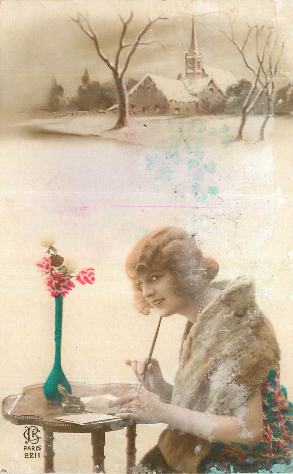 Femme à la table — paysage hivernal avec église — Paris 2211