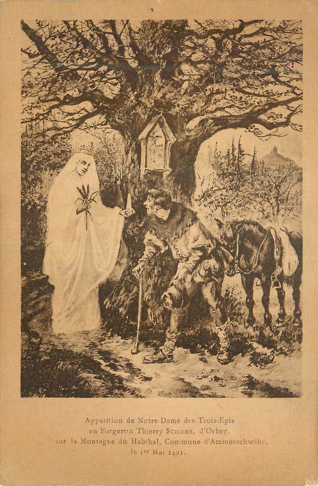 CPA Apparition de Notre Dame des Trois Epis au forgeron Thierry Schoere d'Orbey