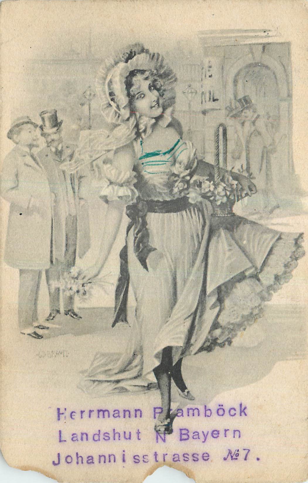 Femme en costume de bavaroise — scène de rue — éditeur Herrmann Pramböck, Landshut, Bayern, n°7