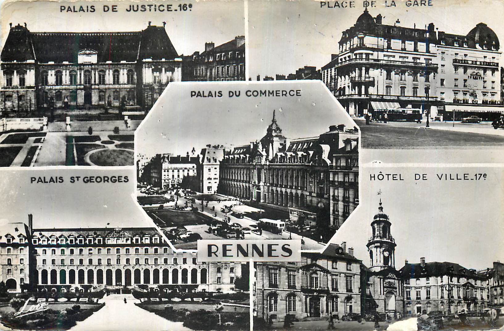 Rennes — Palais de Justice, Palais du Commerce, Hôtel de Ville, Place de la Gare — éditeur inconnu, n° de série non lisible