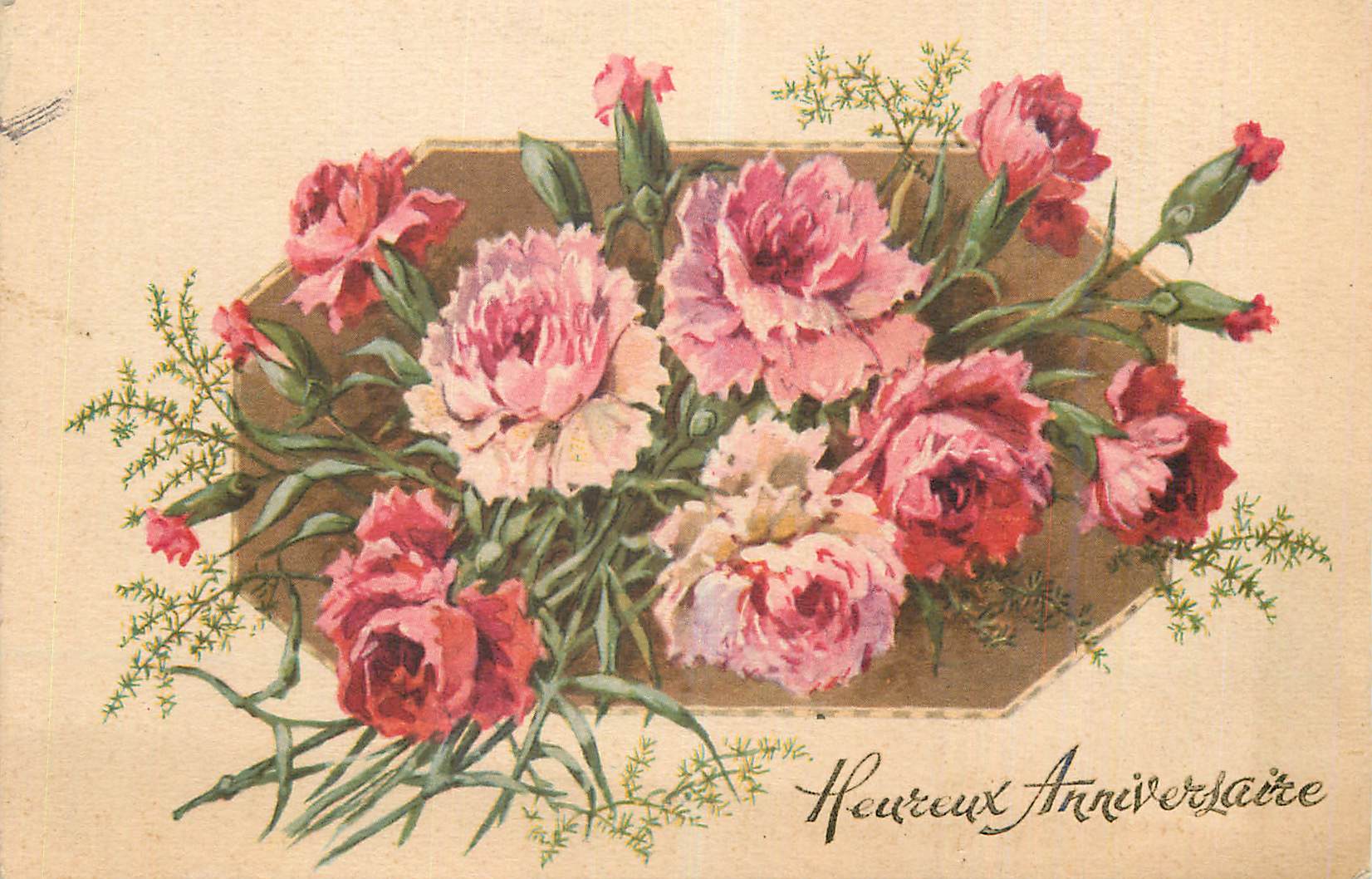 CPA Heureux Anniversaire Fleurs