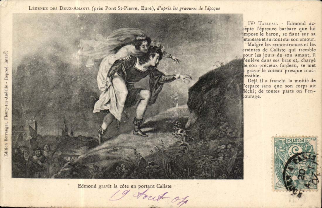 Légende des Deux-Amants (près Pont-St-Pierre, Eure) — IVe tableau : Edmond gravit la côte en portant Caliste — Édition Berrauge, Fleury-sur-Ardelle