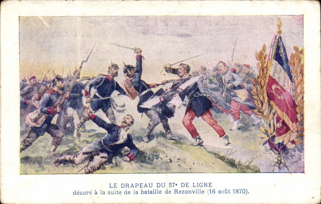 CPA Militaria Le drapeau du 57eme de ligne decore a la suite de la bataille de Rezonville (16 aout 1870)
