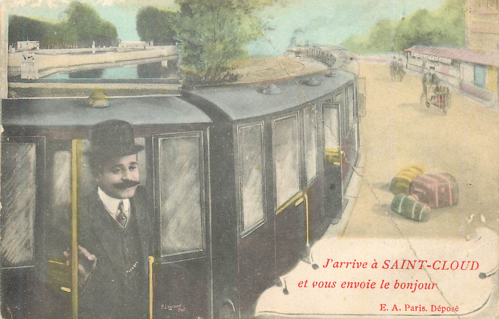 CPA A Saint Cloud et vous envoie le Bonjour Train