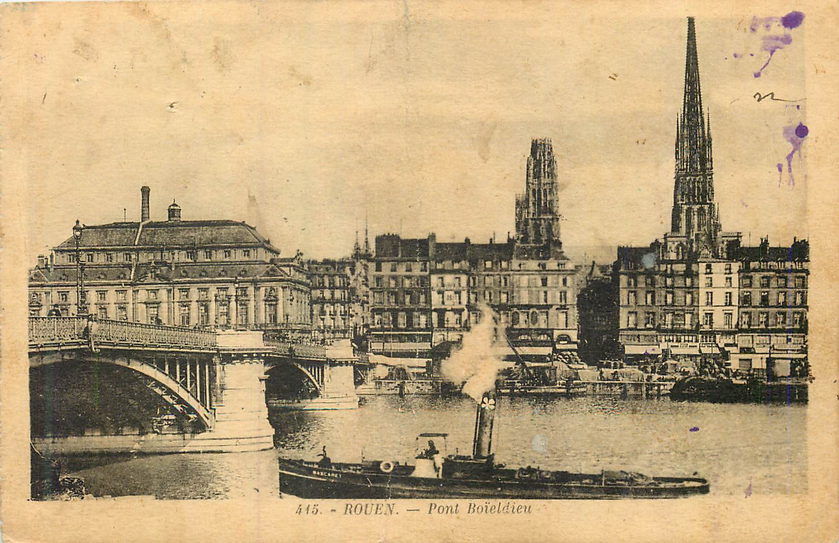 CPA Rouen Pont Boieldieu Bateau