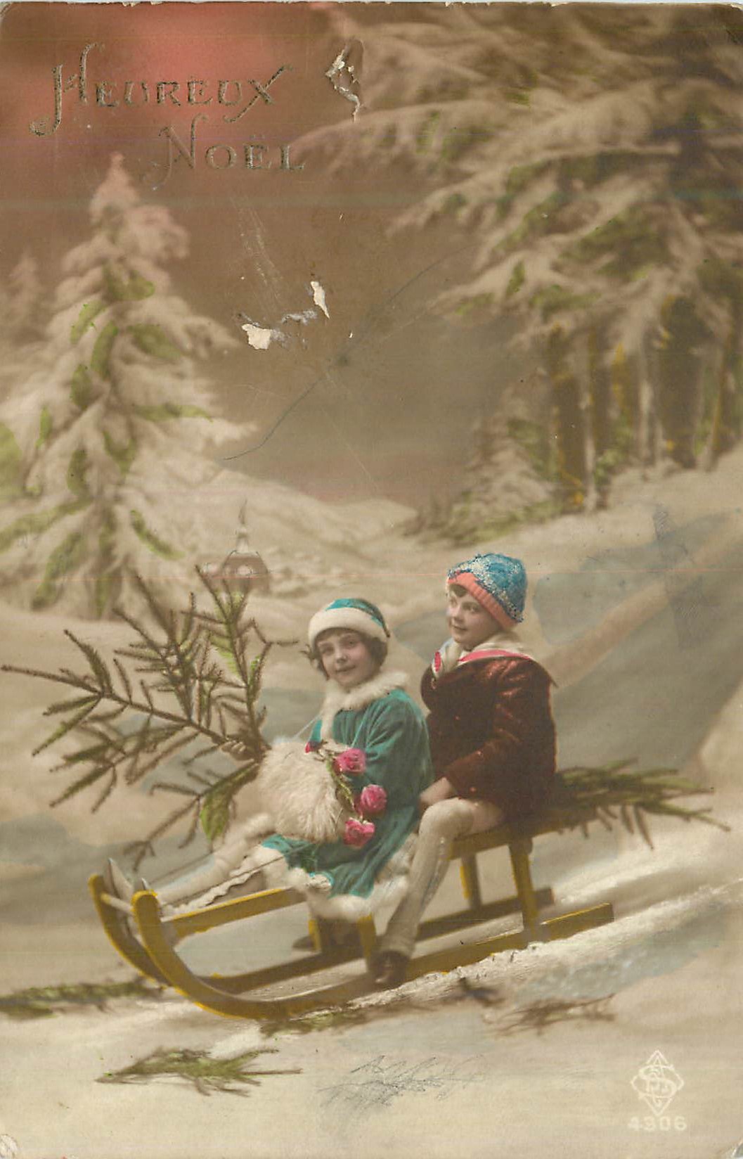 CPA Heureux Noel Luge Enfants