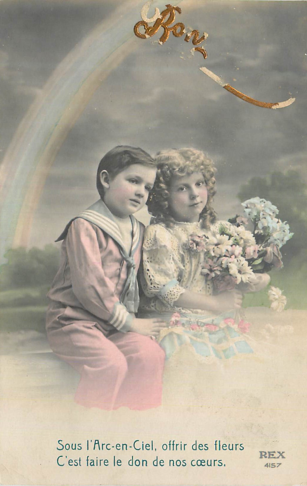 CPA Sous l'Arc en Ciel Offrir des Fleurs C'est faire le don de nos Coeurs