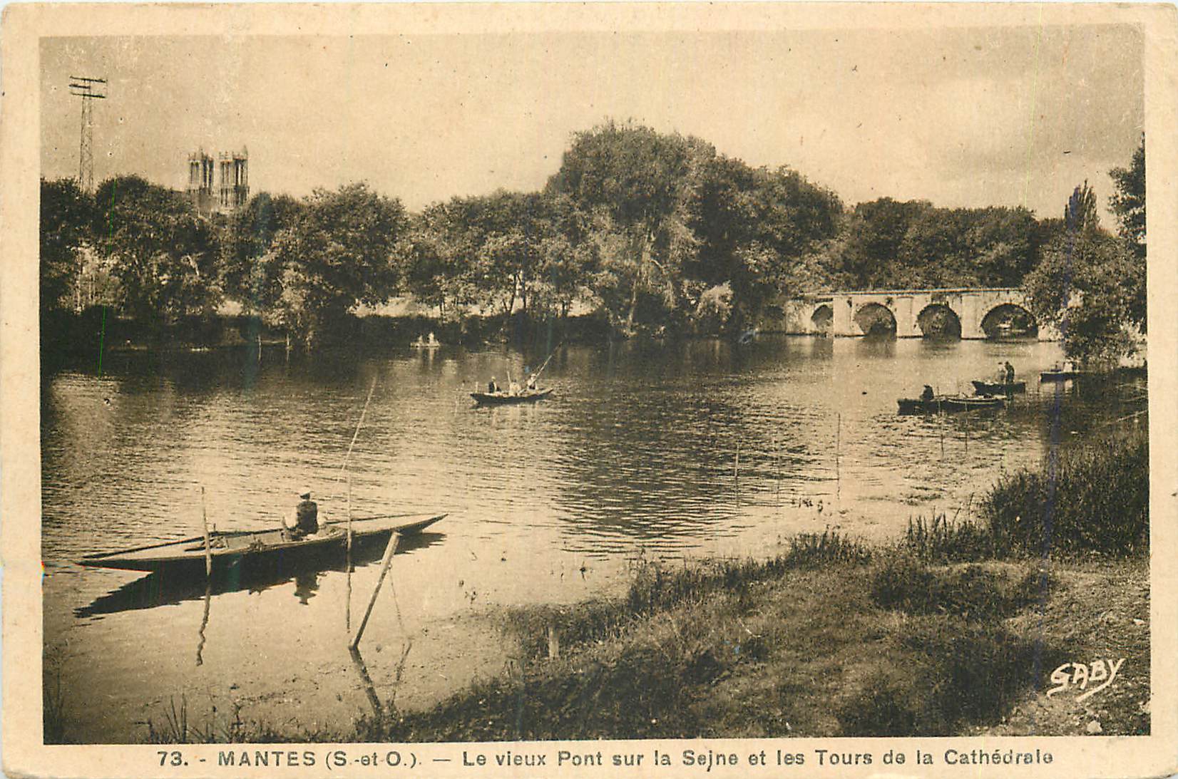 MANTES (S.-et-O.) — Le vieux Pont sur la Seine et les Tours de la Cathédrale — SABY